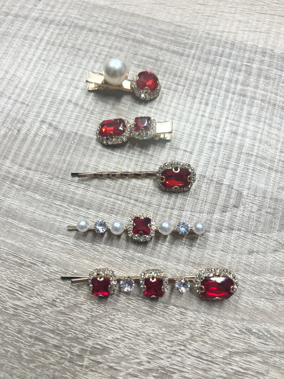 Set of 5 Ruby Red Crystal &amp; Pearl Hair Slides