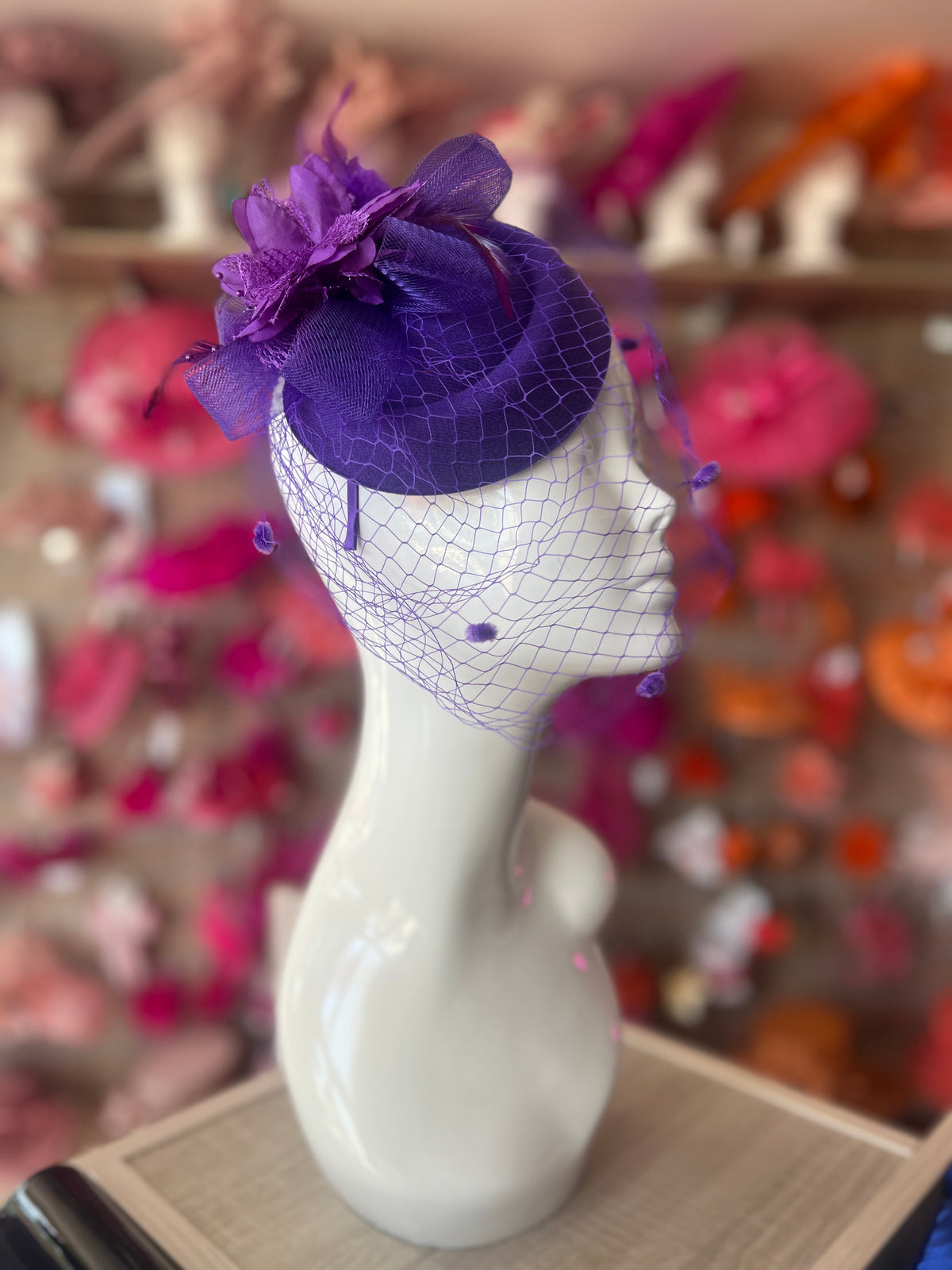Purple PillBox Hat Fascinator With Flower &amp; Veil