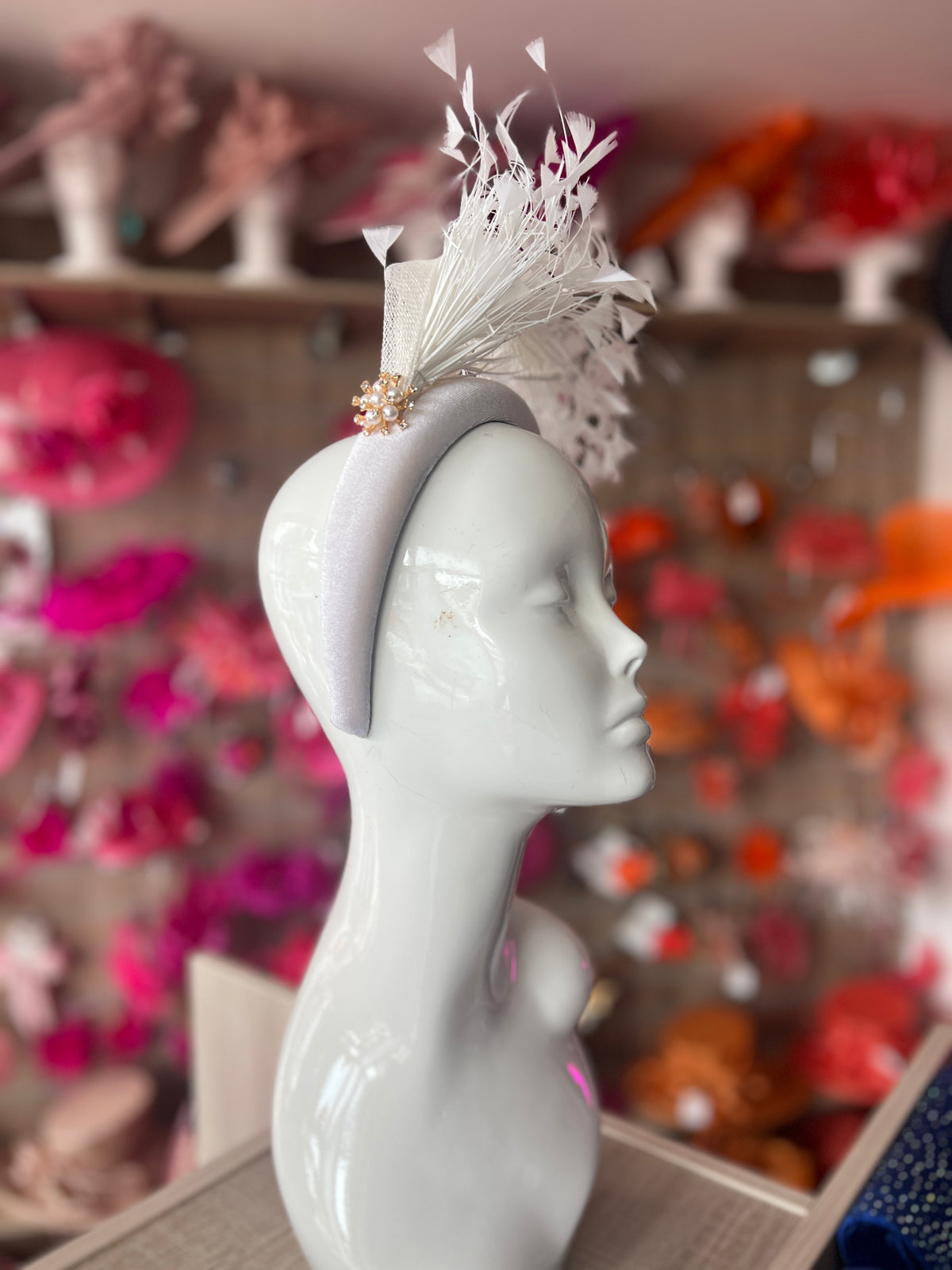 White Feather Velvet Padded Headband Fascinator With Diamante &amp; Pearl Cluster