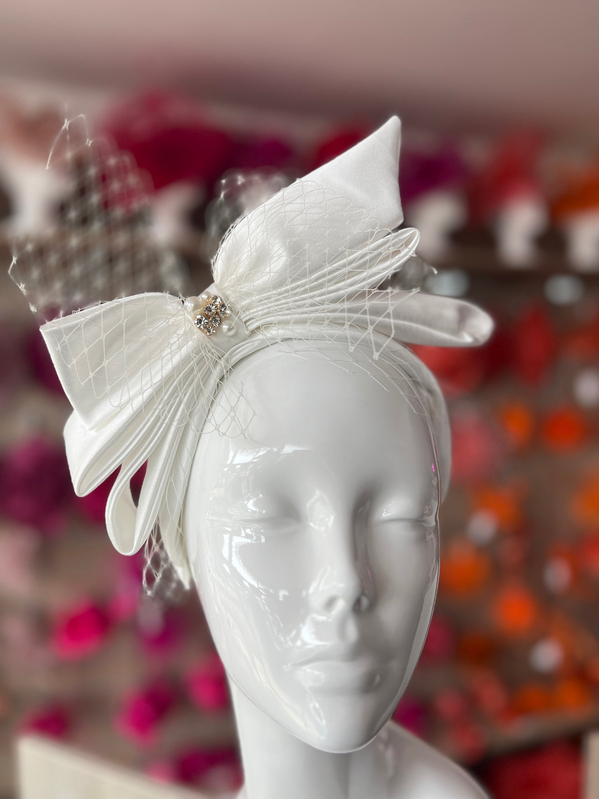 White Bridal Satin Vintage Bow Headband Fascinator With Diamante &amp; Pearls