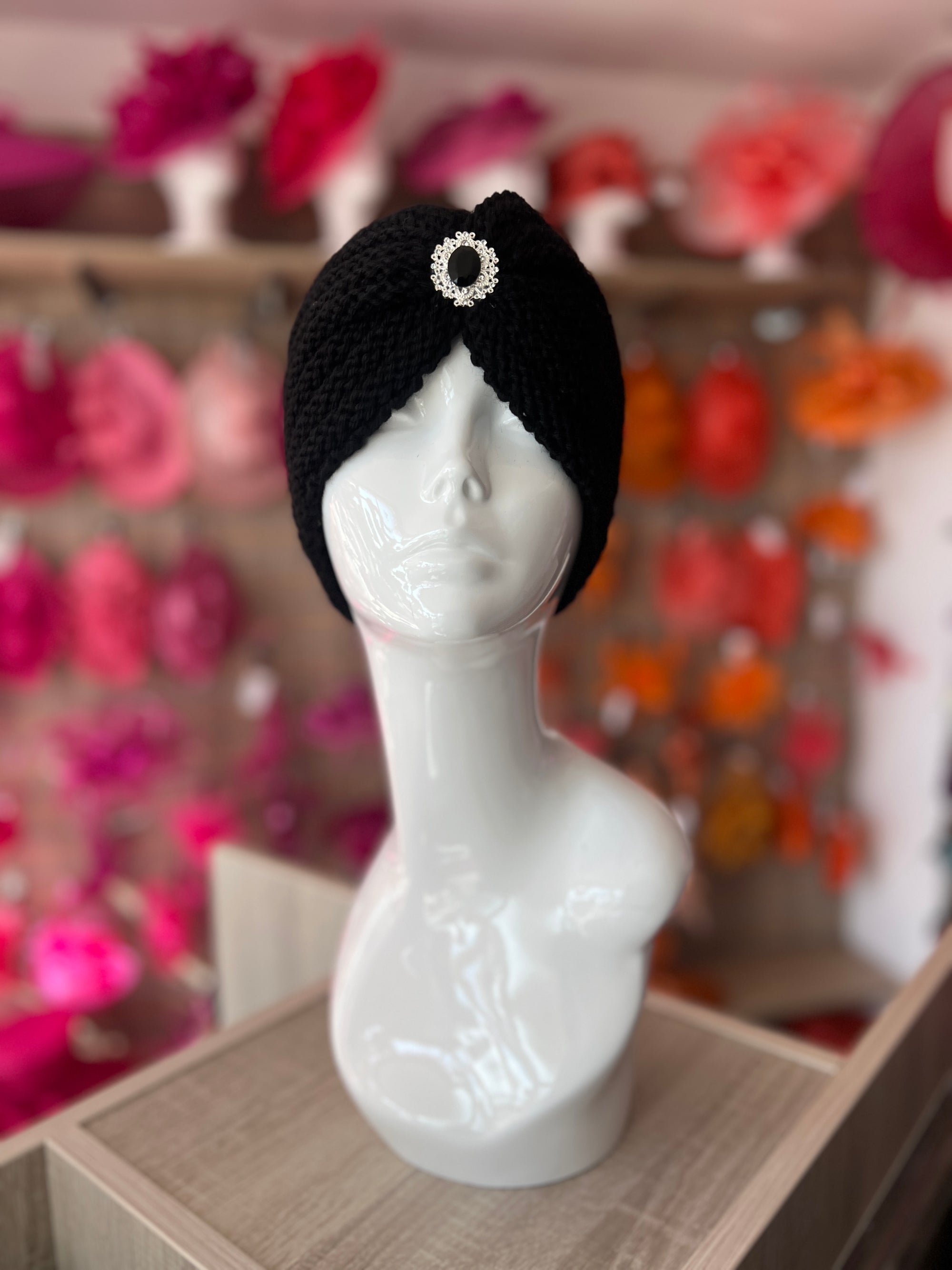 Black Winter Turban Hat With Embellishment