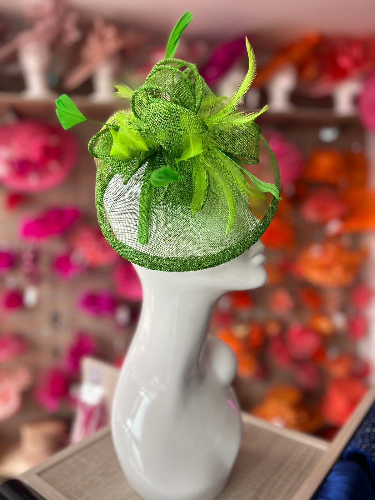 SPRING GREEN FASCINATOR WITH RUCHED SINAMAY &amp; LOOPS