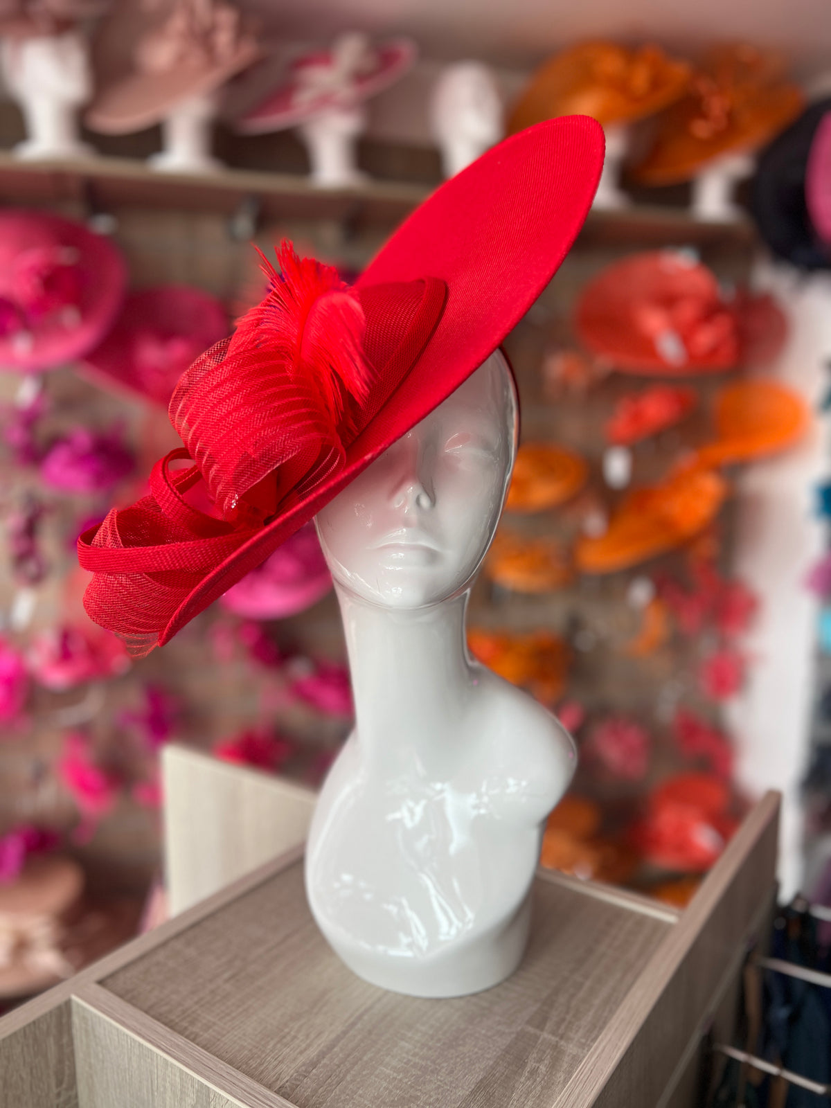 Red Saucer Hatinator With Feather &amp; Loops