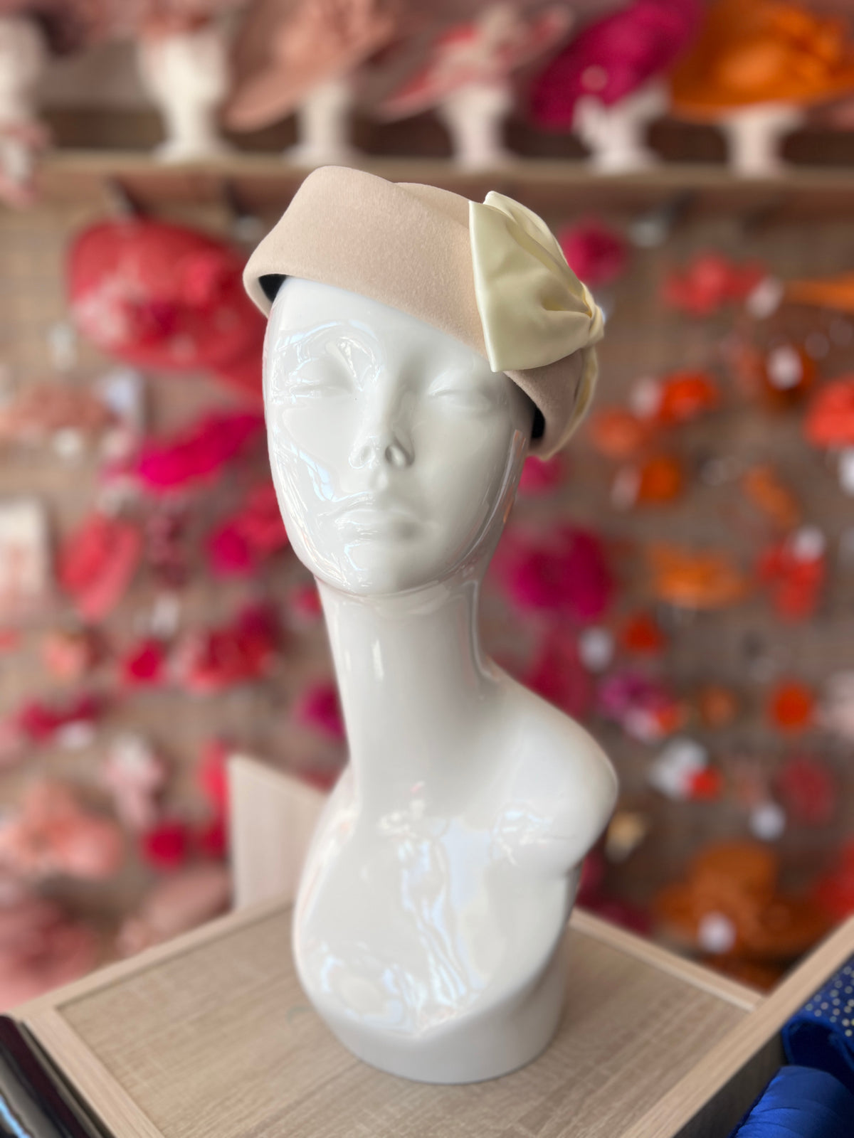 Vintage Cream Felt Pillbox Hat Fascinator With Satin Bow