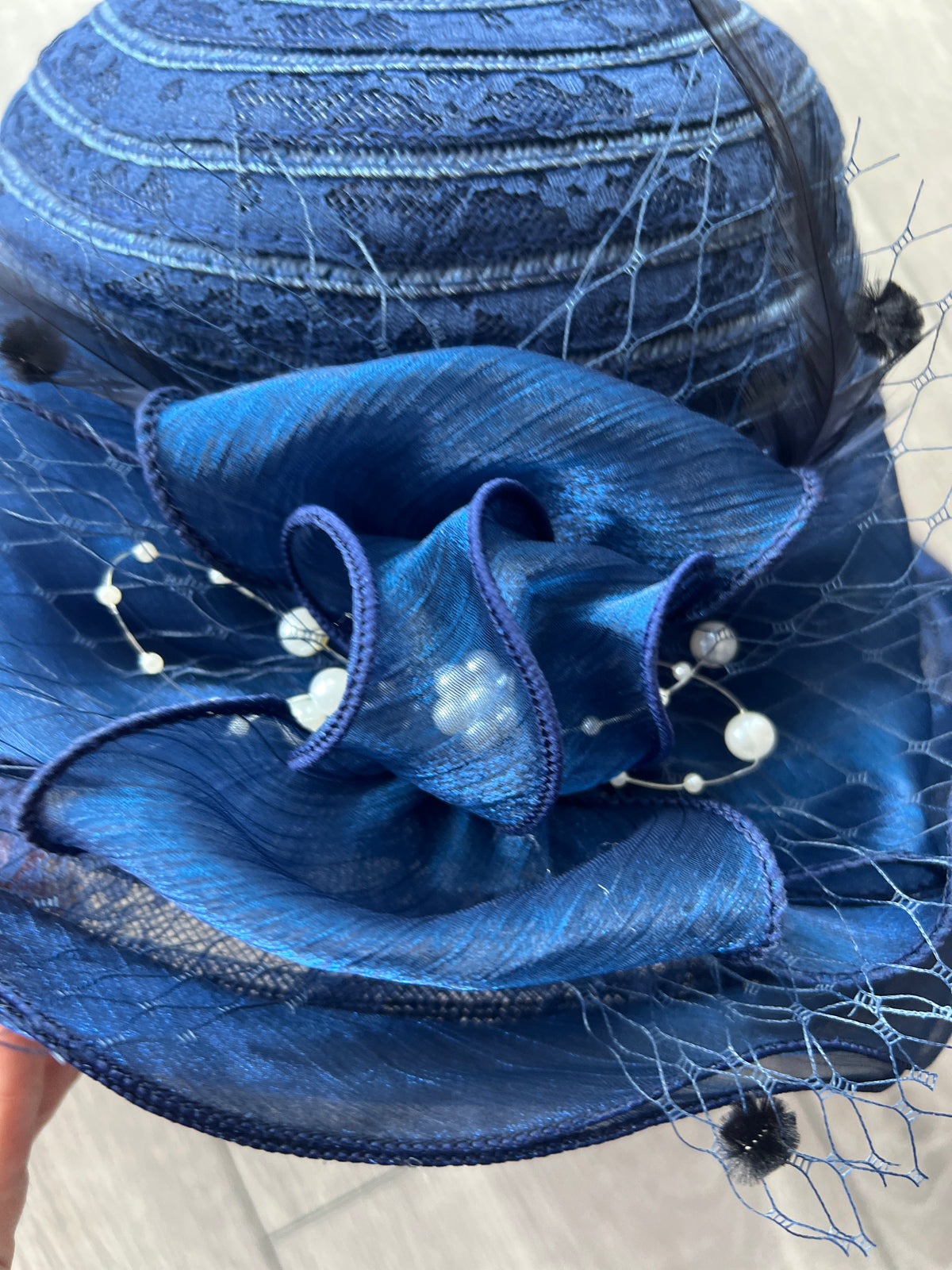 Navy Blue Crinoline Hat With Chiffon Bow / Lace &amp; Pearl Detail