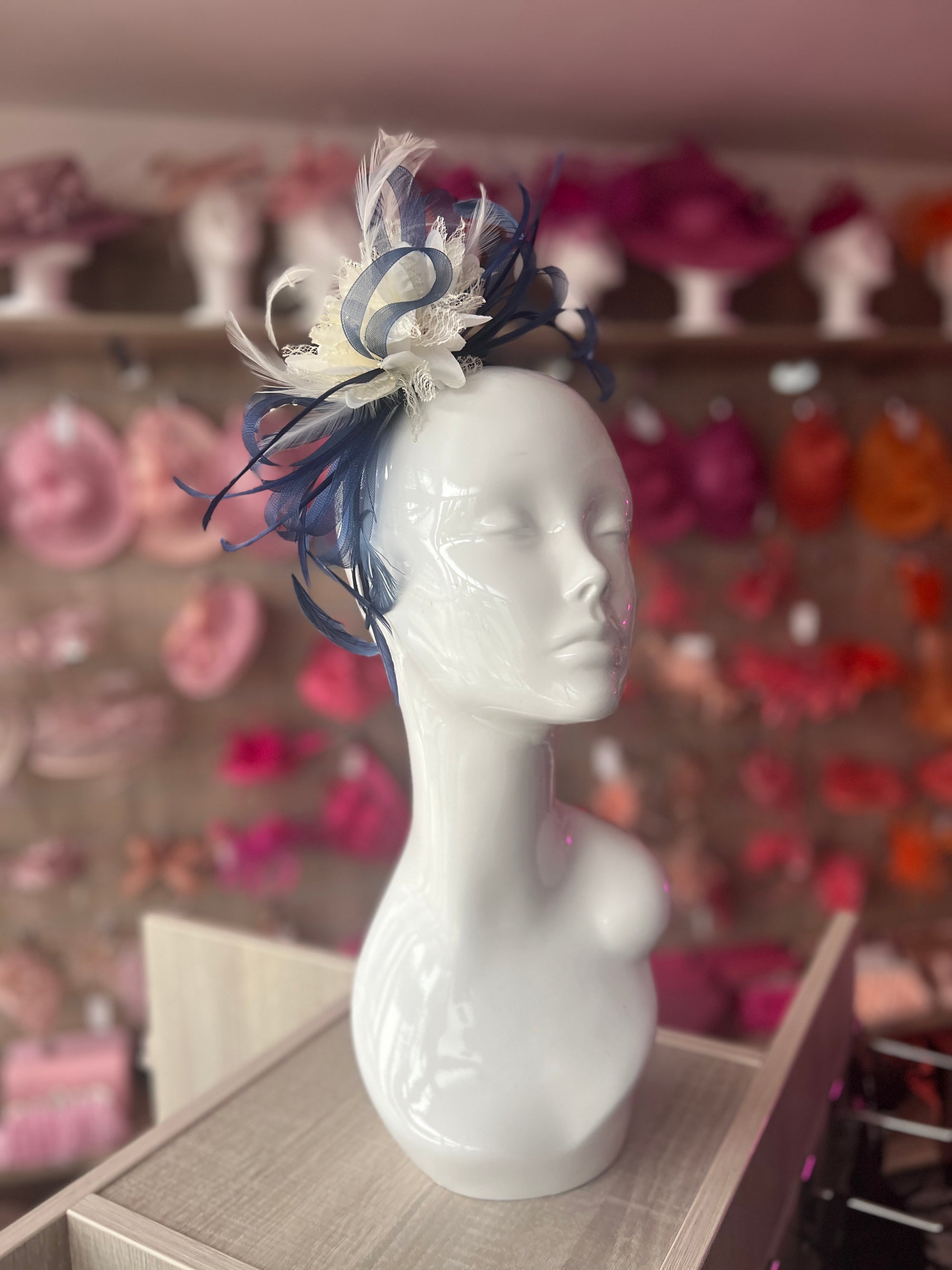 Headband Navy & Ivory Fascinator With Flower & Loops