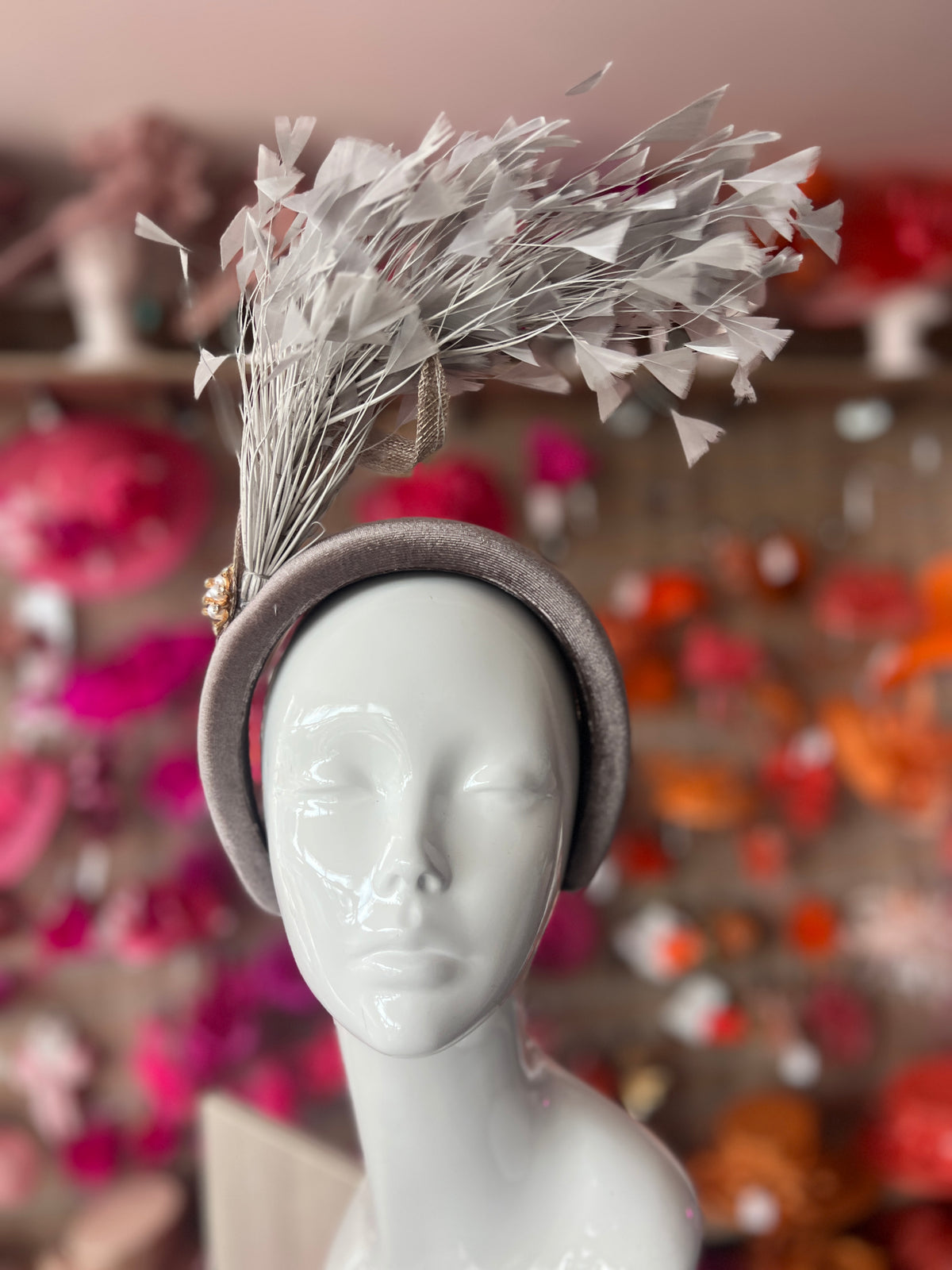 Grey Feather Velvet Padded Headband Fascinator With Diamante &amp; Pearl Cluster