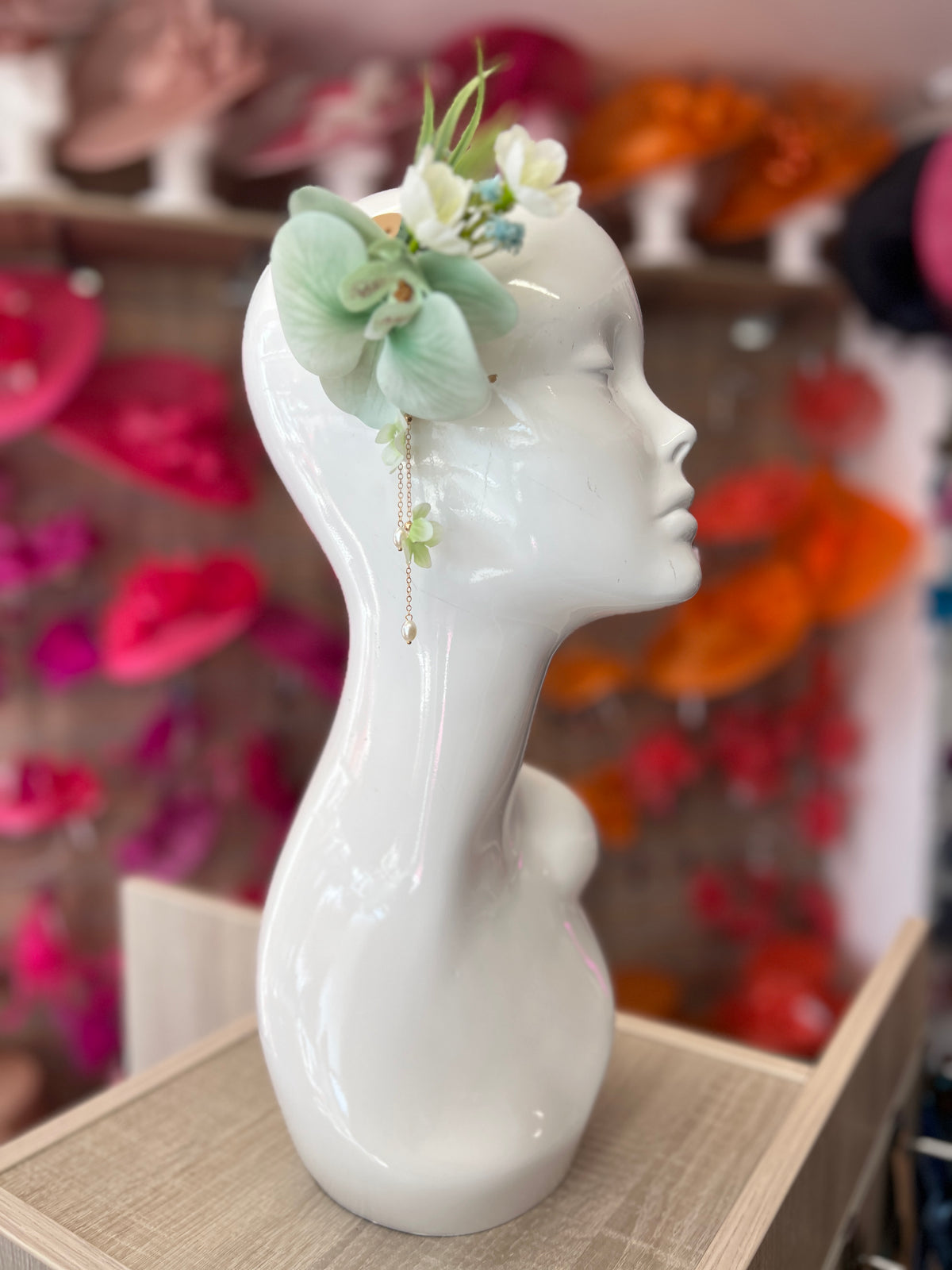Mint Blue Orchid Hair Clip With Foliage &amp; Chains