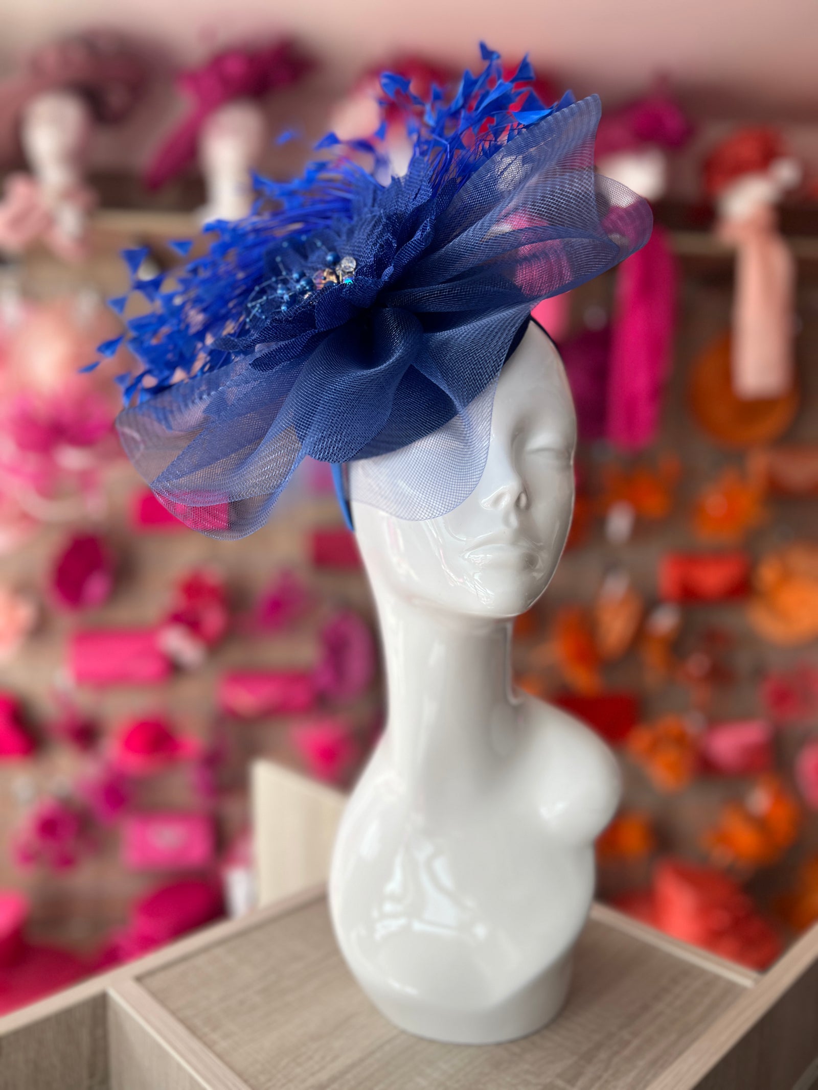 Sapphire Blue Vintage Feather Pillbox Hatinator With Beaded Detail