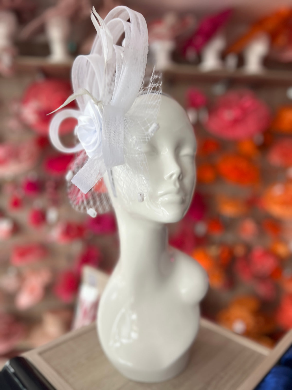 White Flower Fascinator With Netting &amp; Feathers