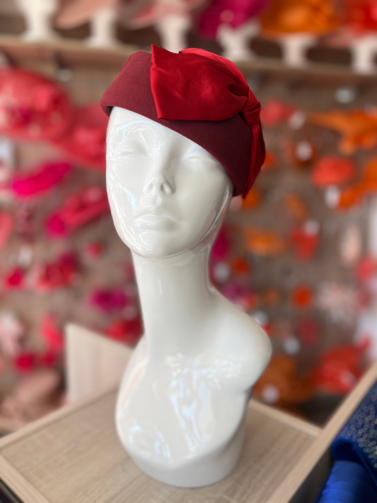 Vintage Burgundy Felt Pillbox Hat Fascinator With Satin Bow