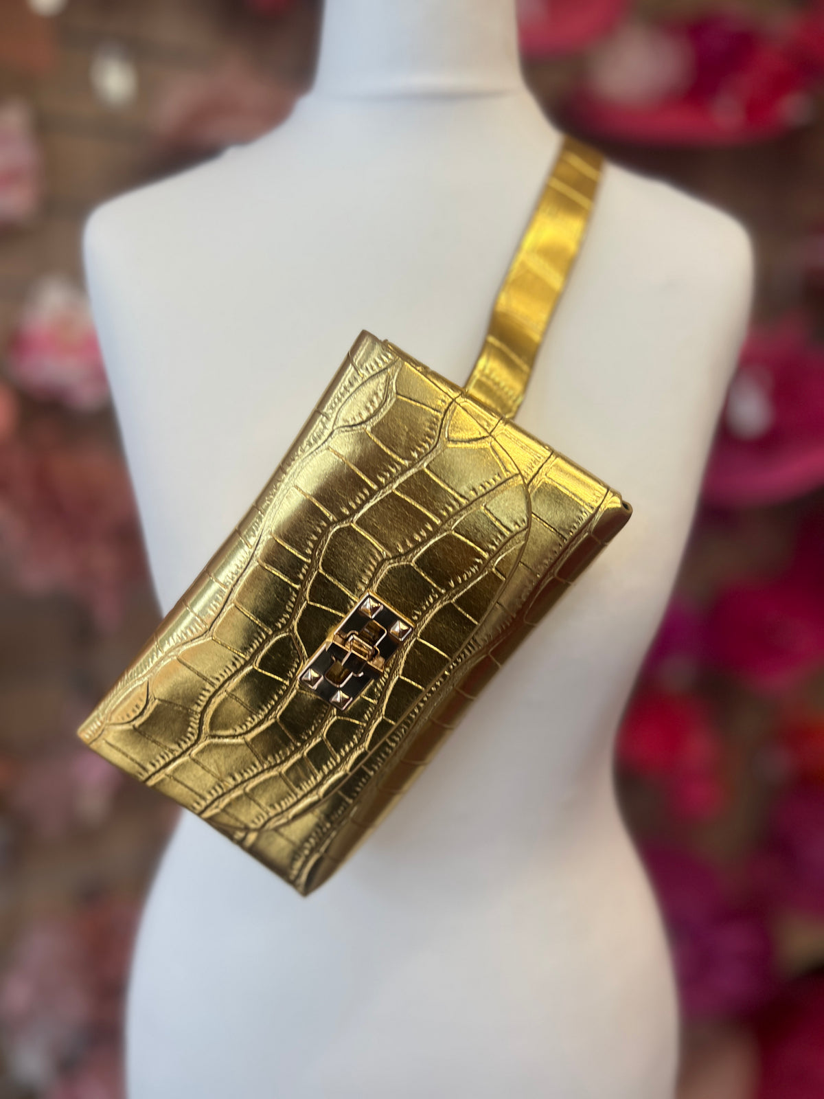 Gold Mini Crocodile Embossed Belt Bag