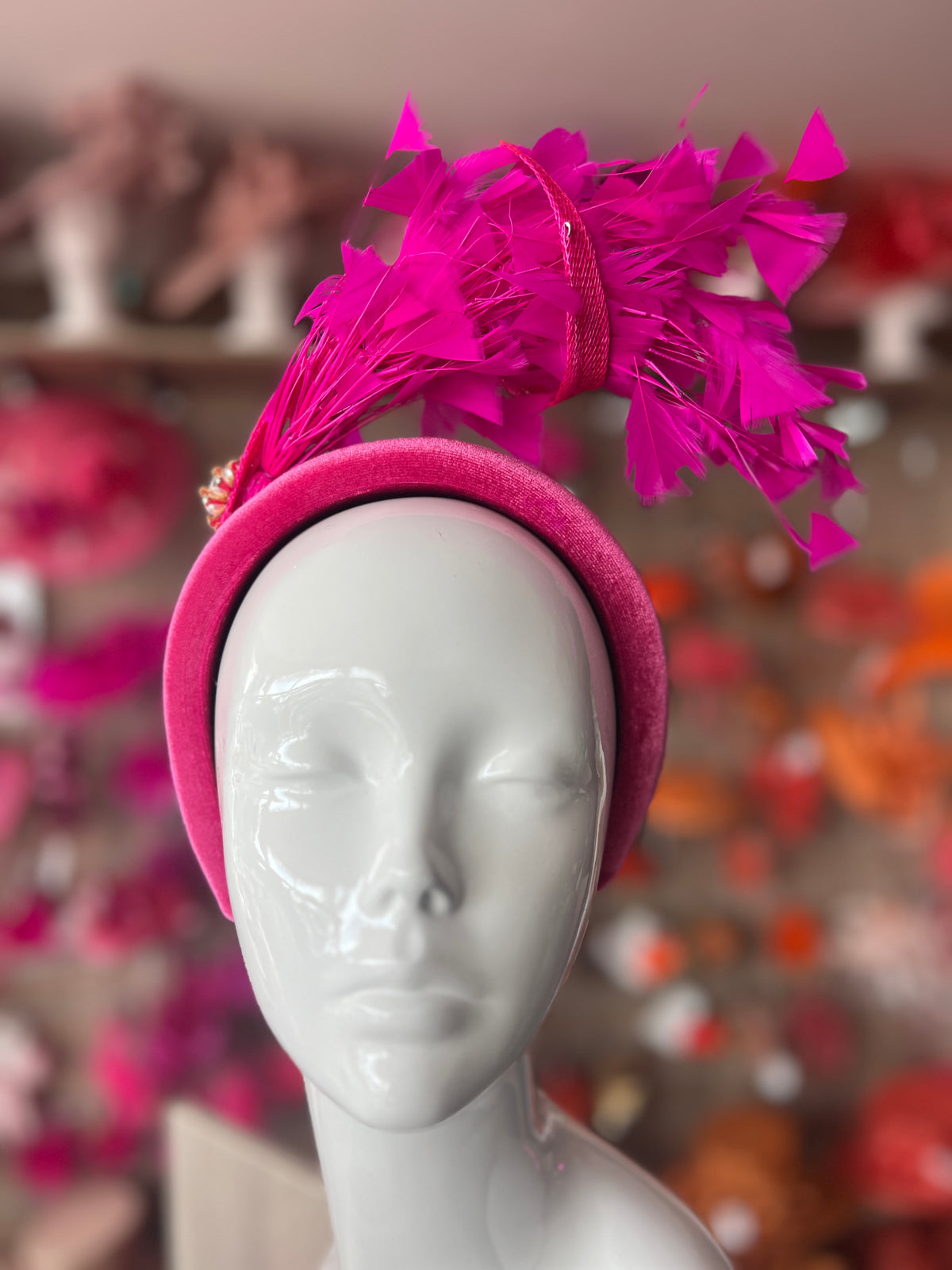 Fuchsia Feather Velvet Padded Headband Fascinator With Diamante &amp; Pearl Cluster