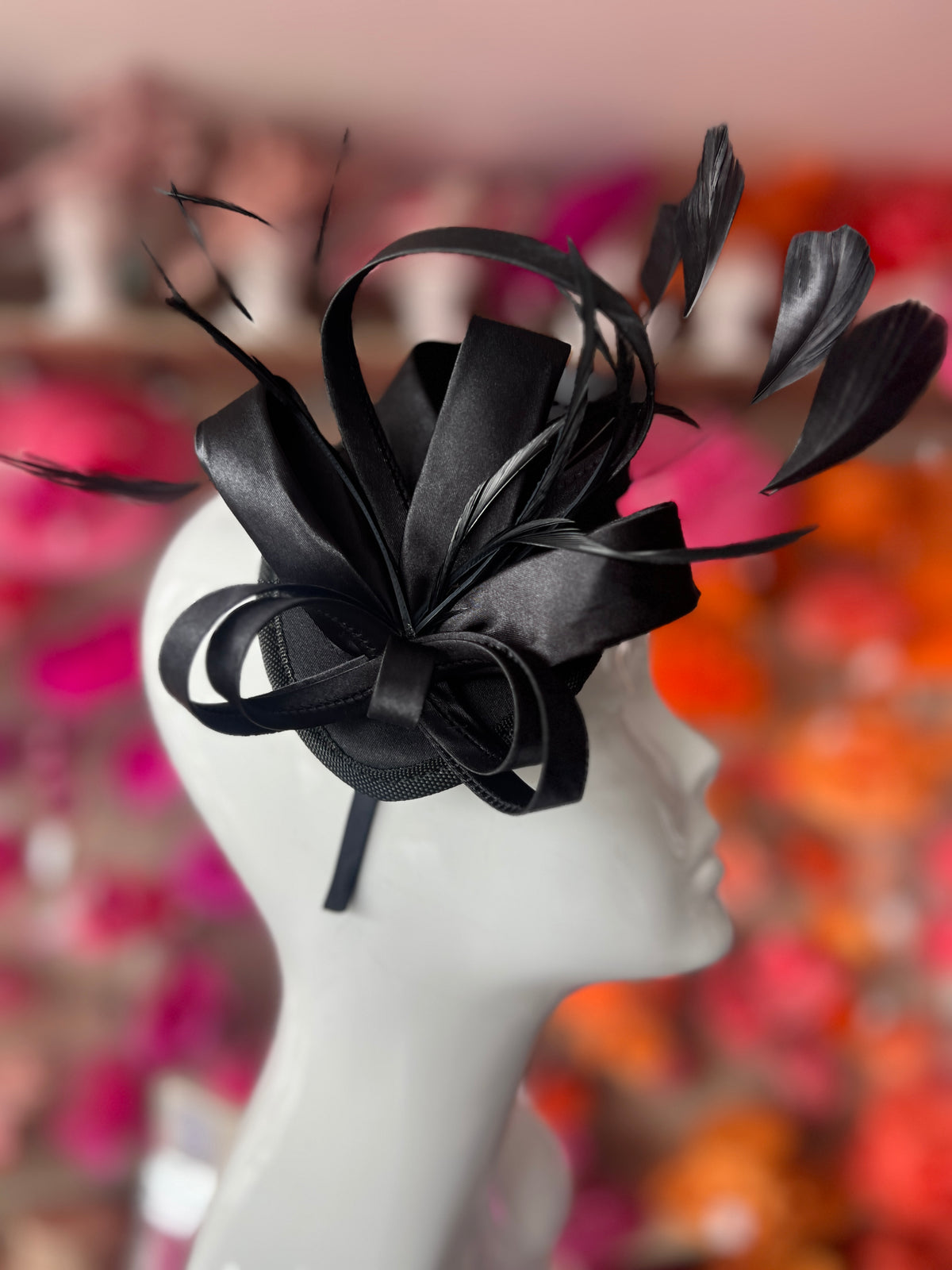 Black Fascinator Headband With Looped Satin &amp; Feathers