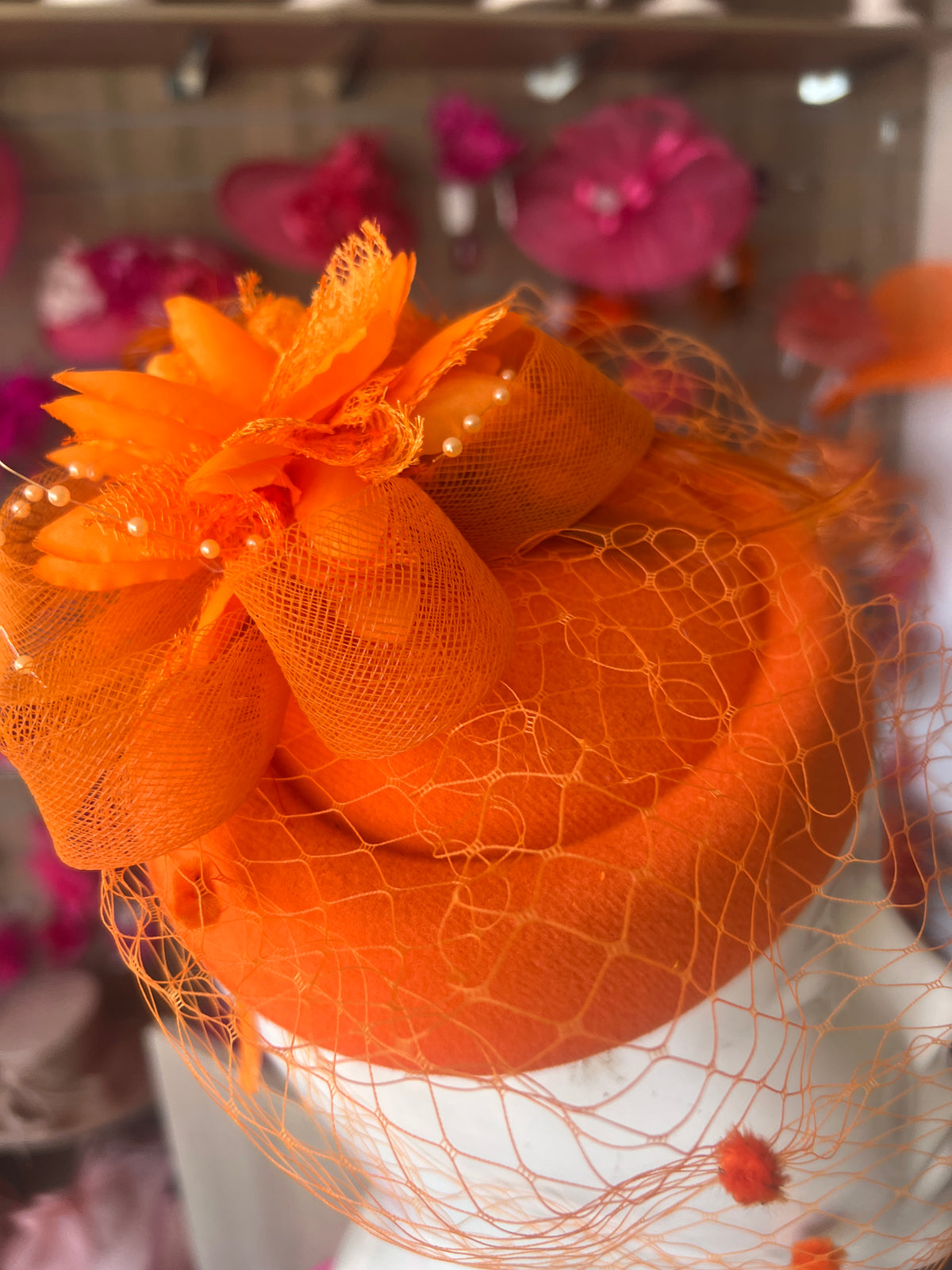Orange  PillBox Hat Fascinator With Flower &amp; Veil
