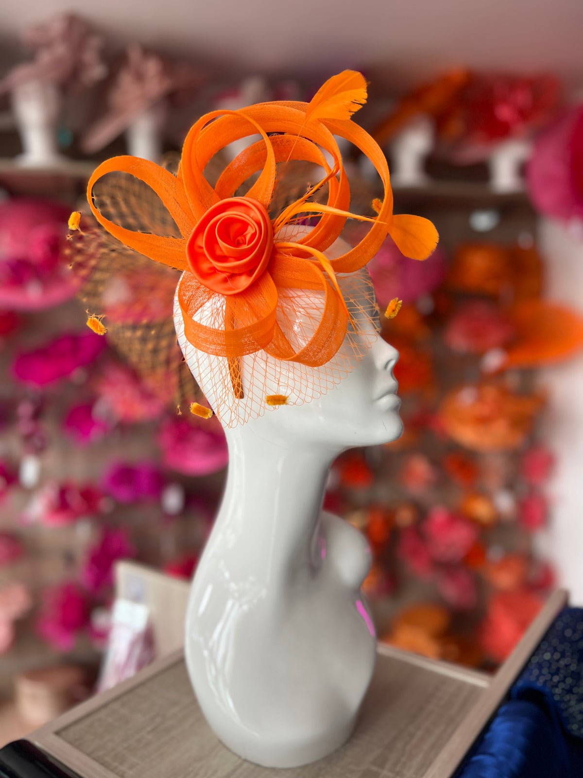 Orange Flower Fascinator With Netting &amp; Feathers