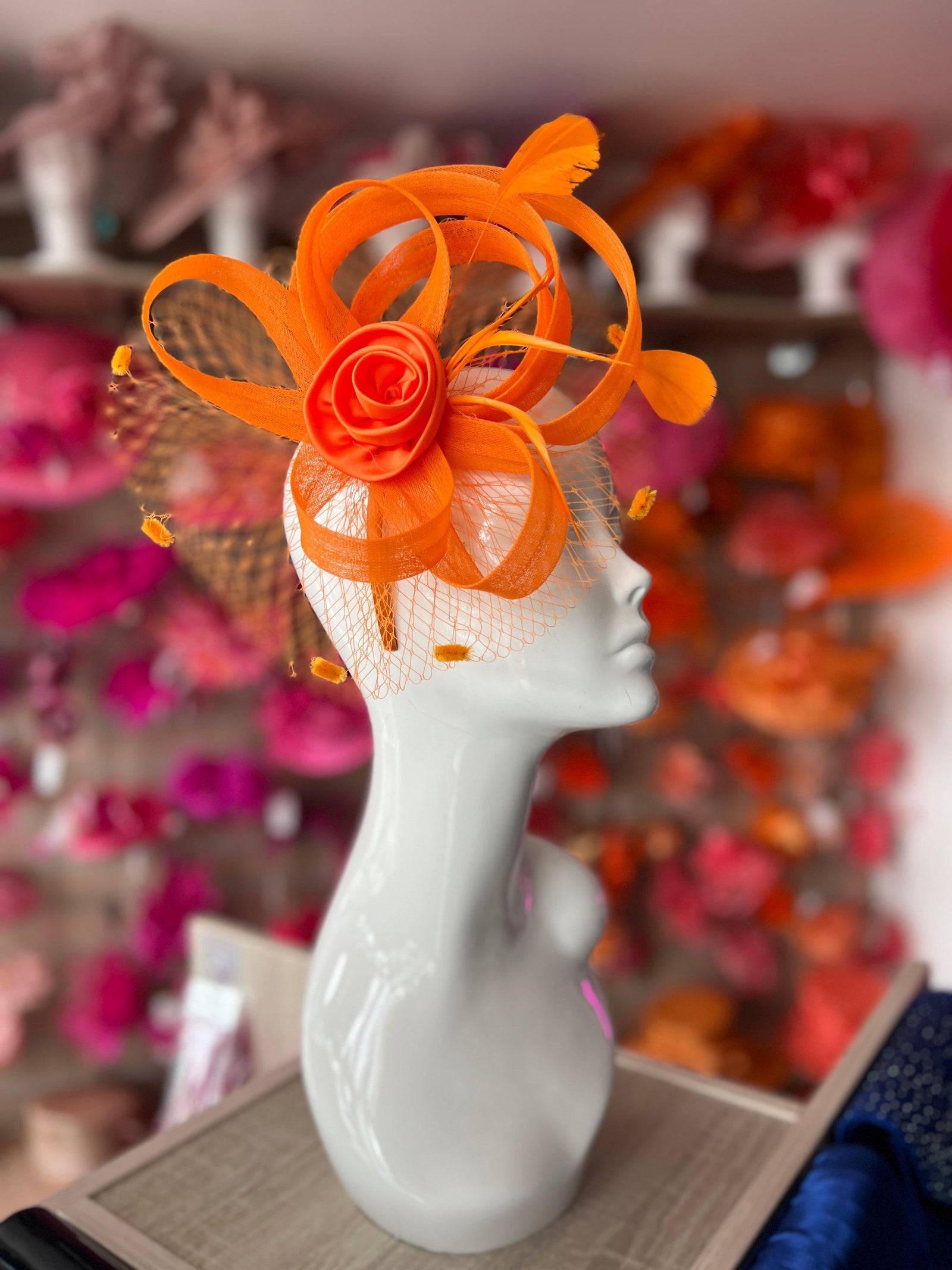 Orange Flower Fascinator With Netting & Feathers