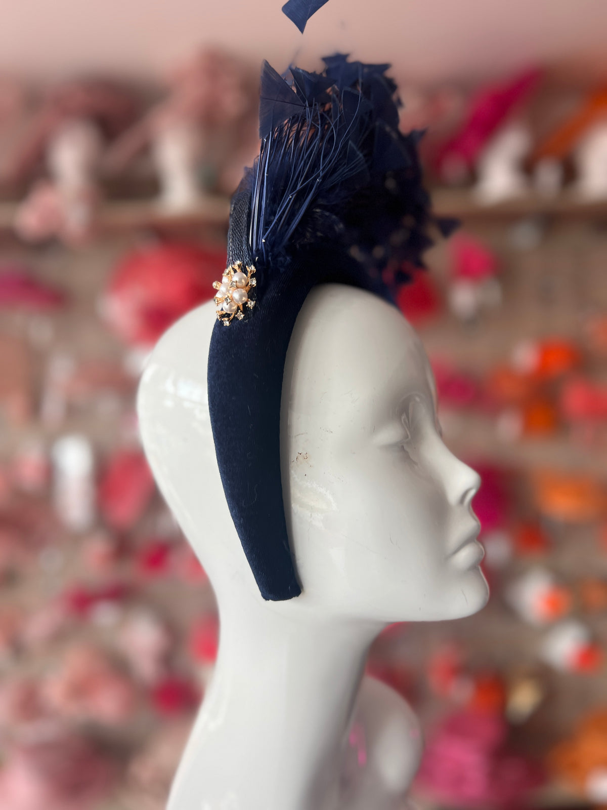 Navy Feather Velvet Padded Headband Fascinator With Diamante &amp; Pearl Cluster