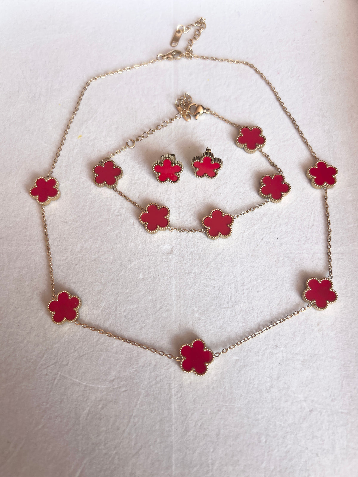 Red Flower Necklace,Bracelet,Earrings Set