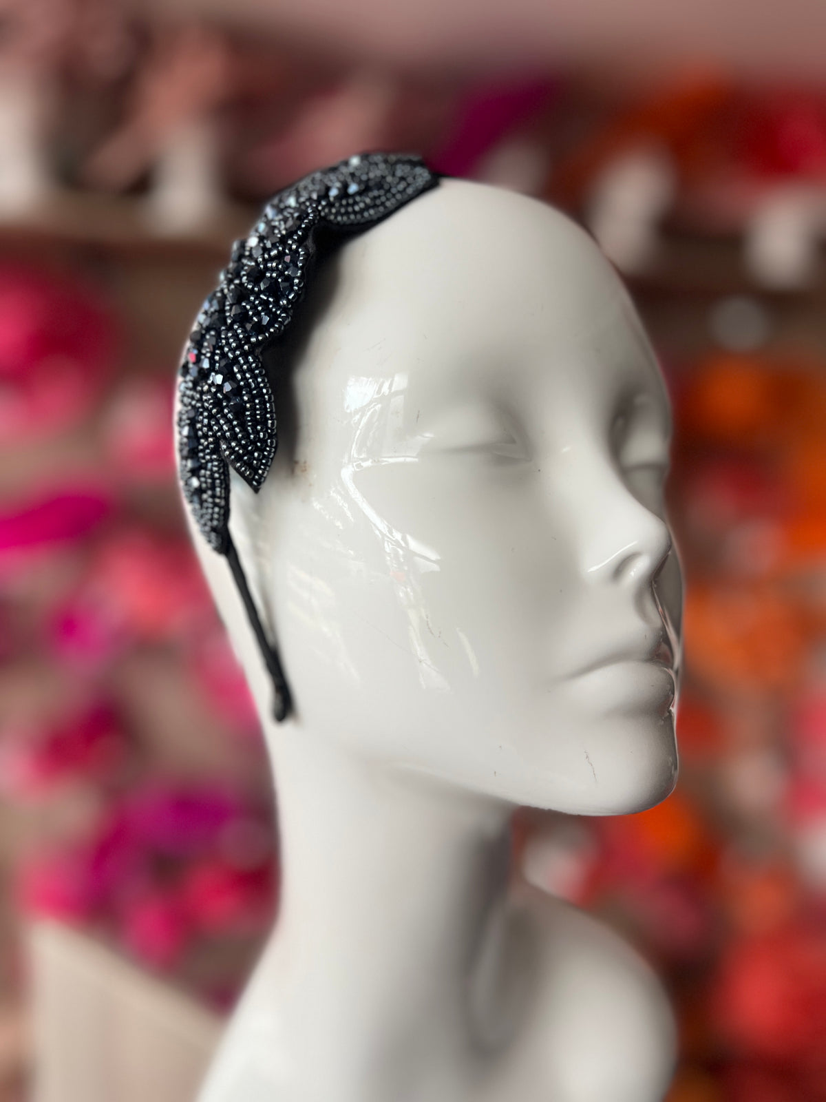 Vintage 1920's Gunmetal Grey Flower &amp; Leaf Beaded Headband