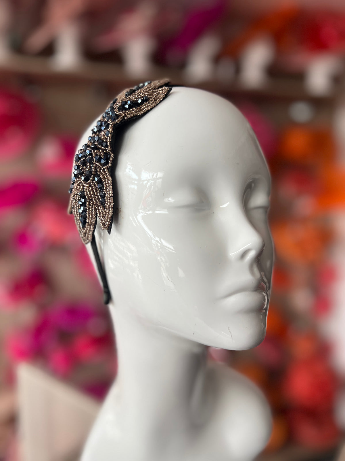 Vintage 1920's Gunmetal Grey &amp; Gold Flower &amp; Leaf Beaded Headband