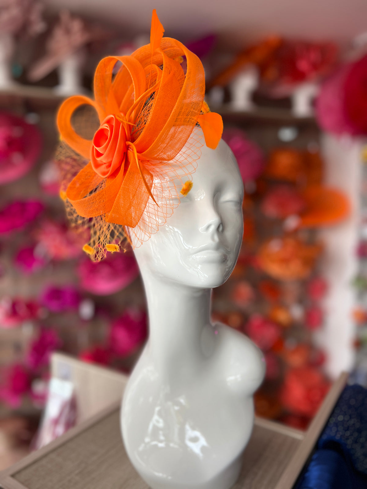 Orange Flower Fascinator With Netting &amp; Feathers