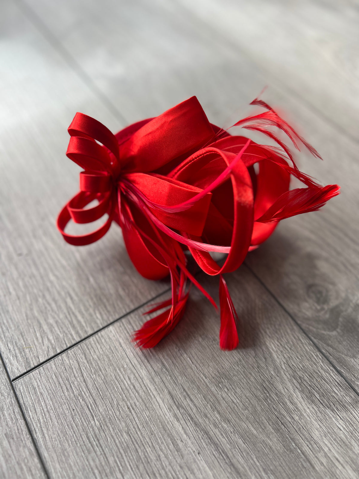 Red Fascinator Headband With Looped Satin &amp; Feathers