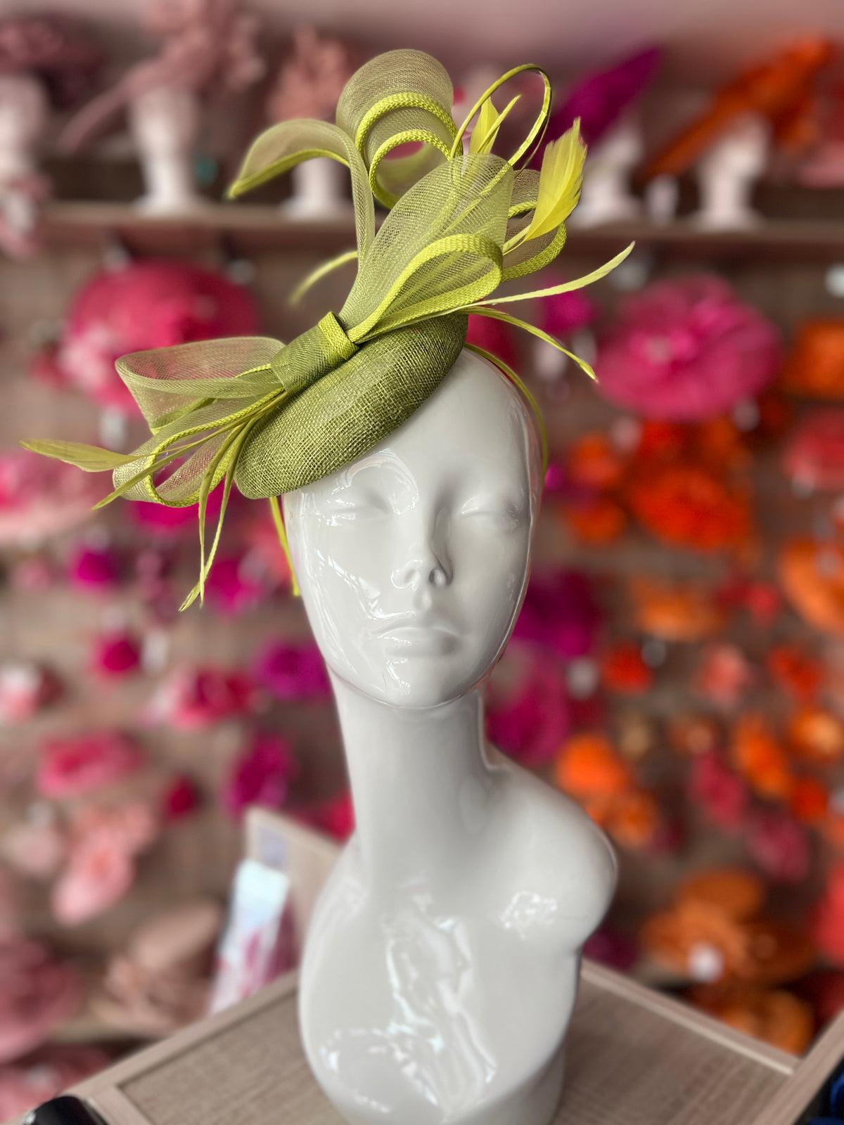 Olive Green Pill Box Bow Feather Fascinator