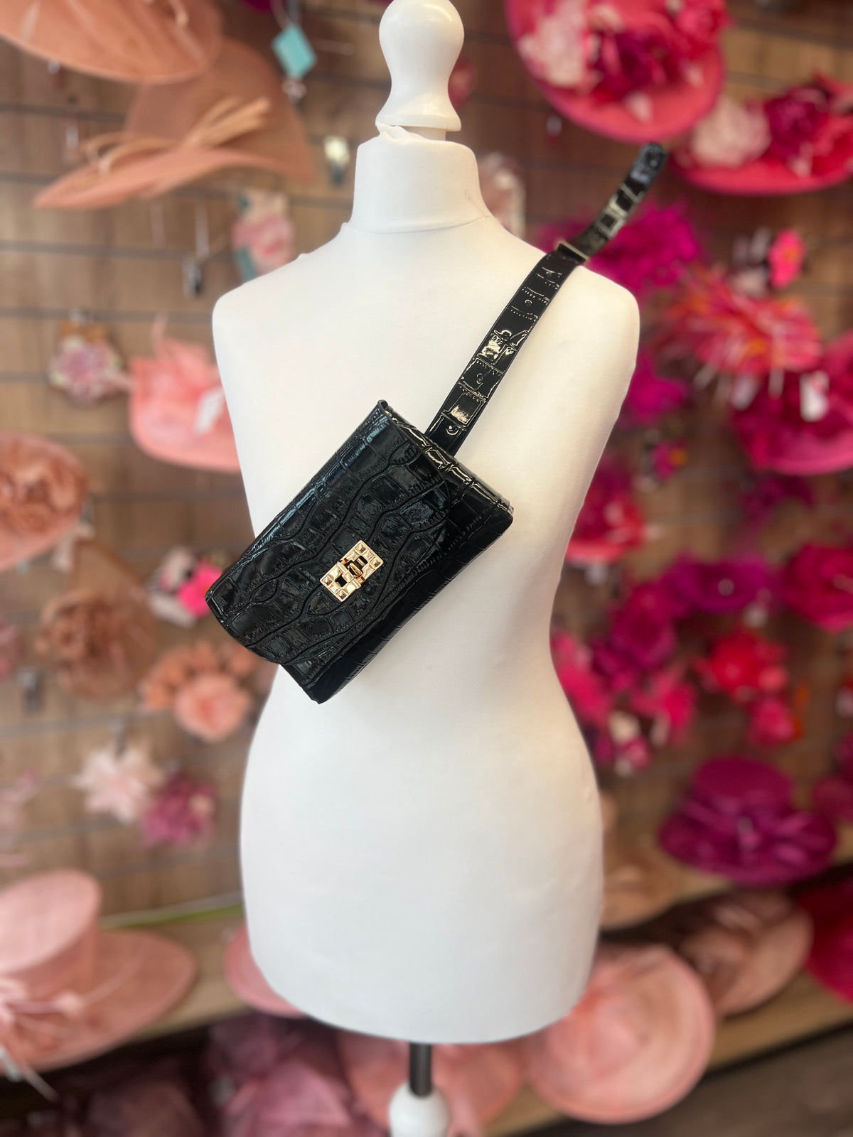 Black Mini Crocodile Embossed Belt Bag