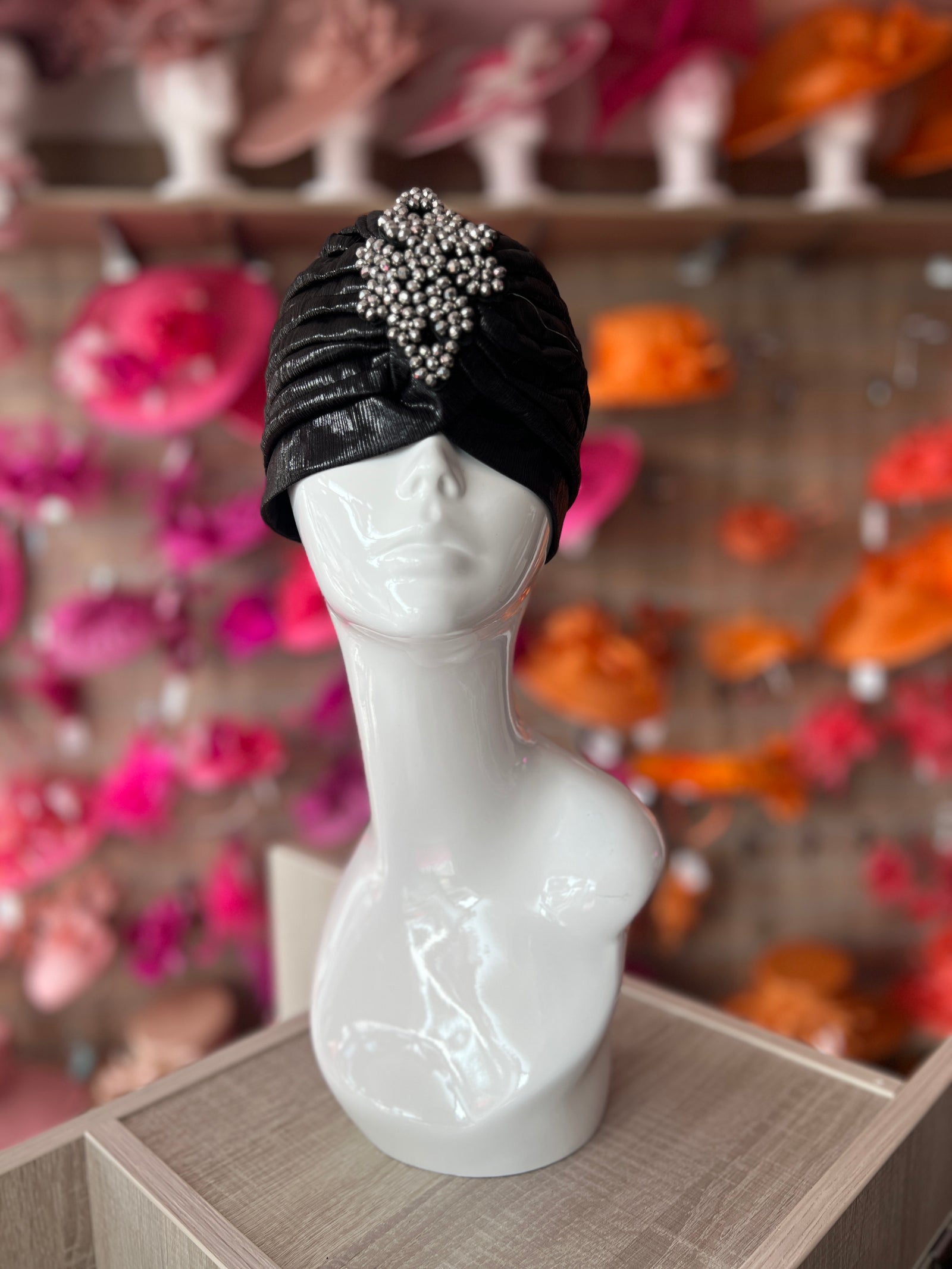 Metallic Black Turban With Beaded Embellishment
