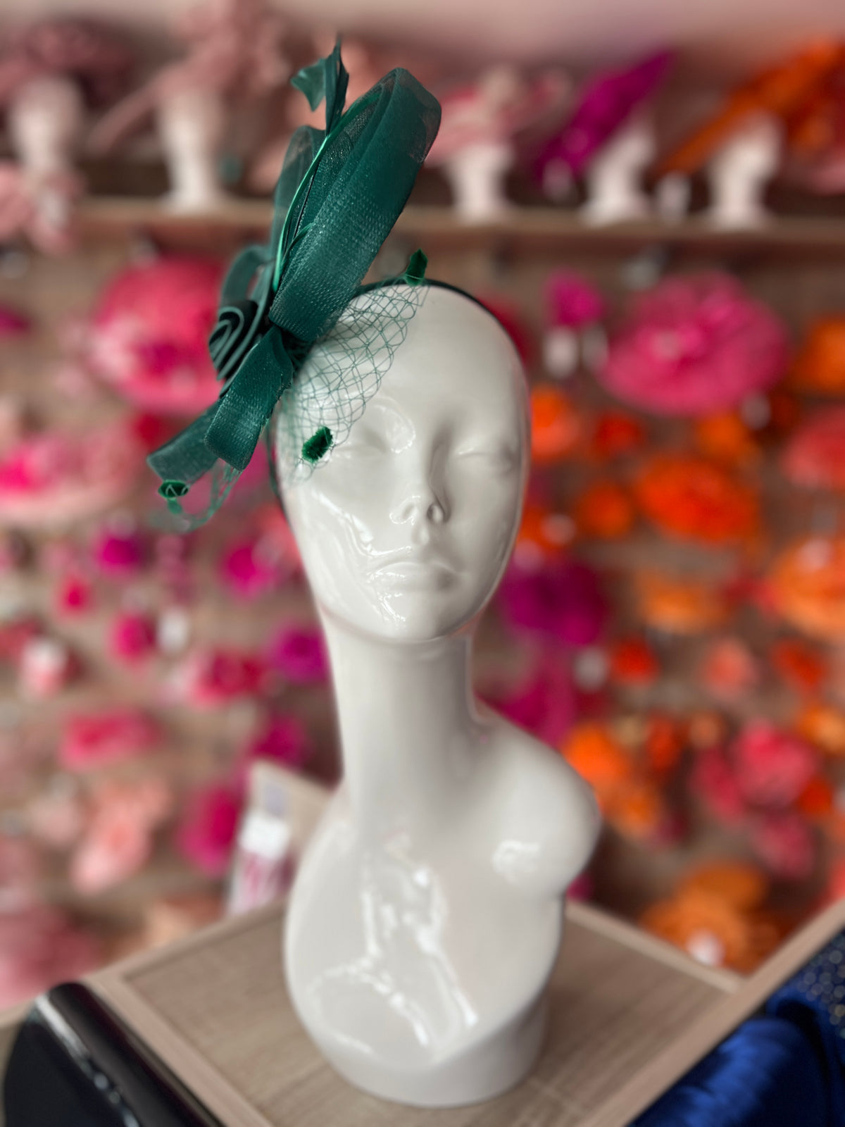 Bottle Green Flower Fascinator With Netting &amp; Feathers