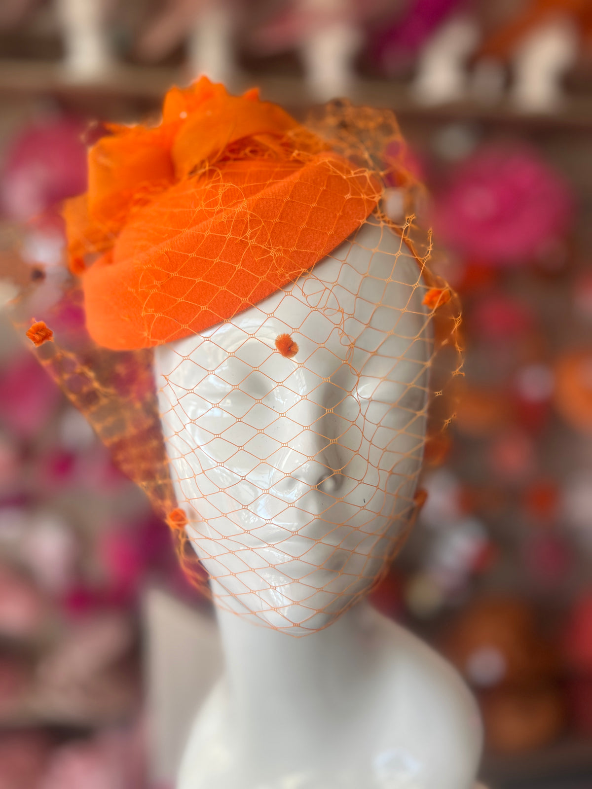Orange  PillBox Hat Fascinator With Flower &amp; Veil