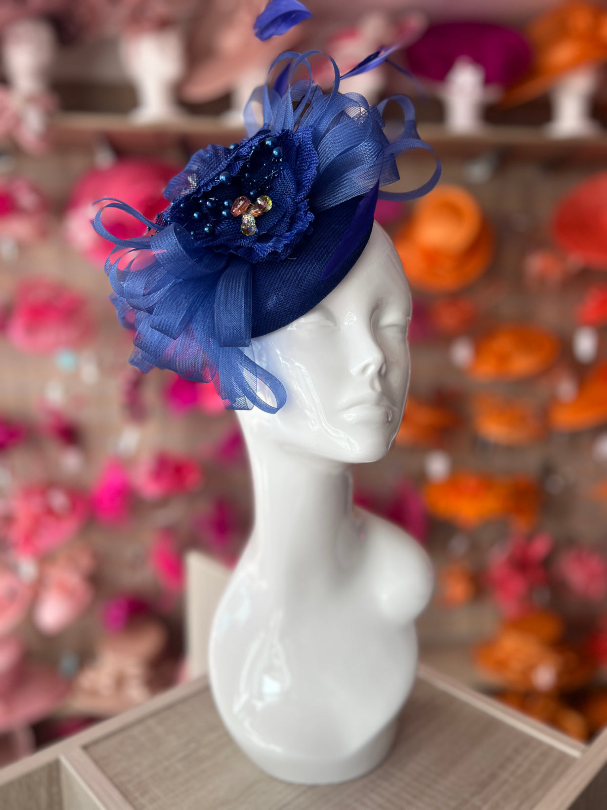 Pillbox Hat With Loops and  Embellished Flowers- Royal Blue