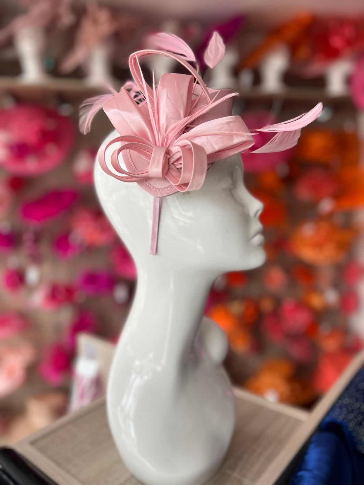 Baby Pink Fascinator Headband With Looped Satin &amp; Feathers