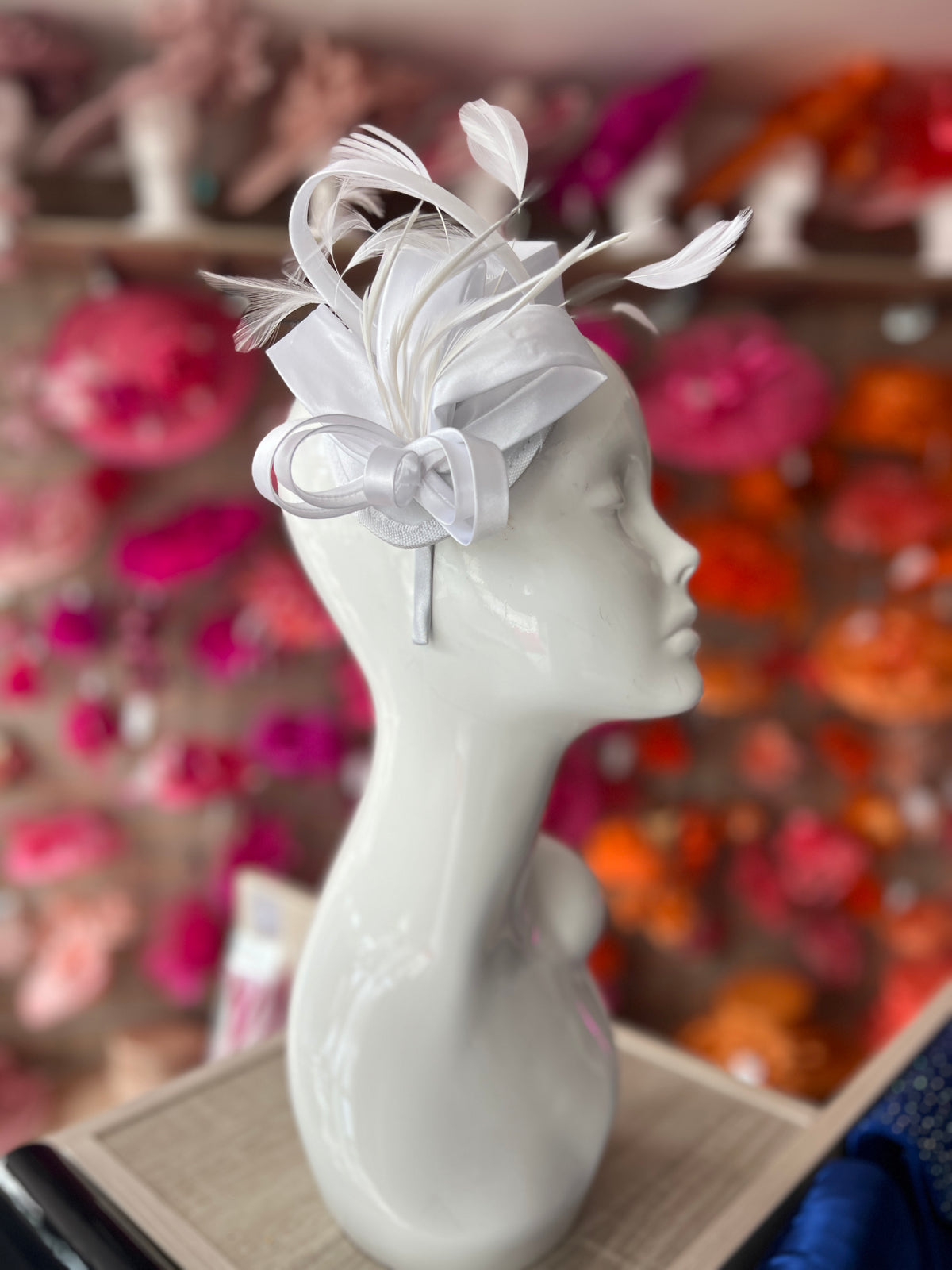 White Fascinator Headband With Looped Satin &amp; Feathers