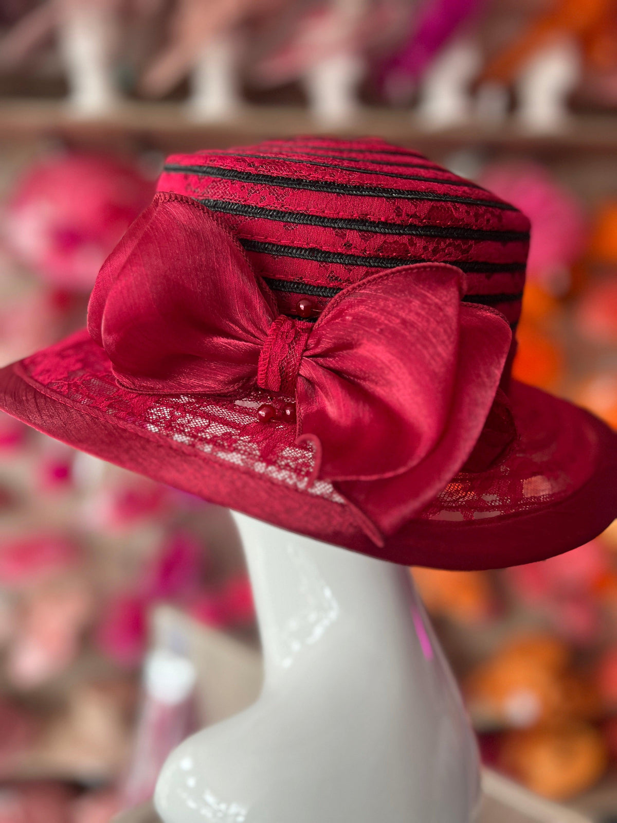 Dark Red Crinoline Hat With Chiffon Bow &amp; Beads
