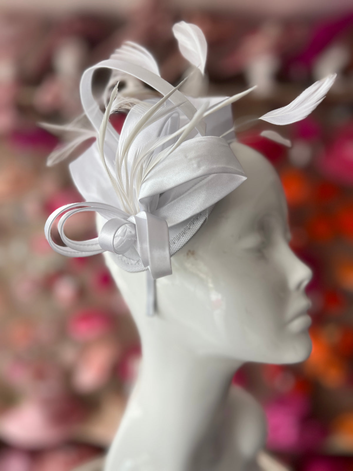 White Fascinator Headband With Looped Satin &amp; Feathers