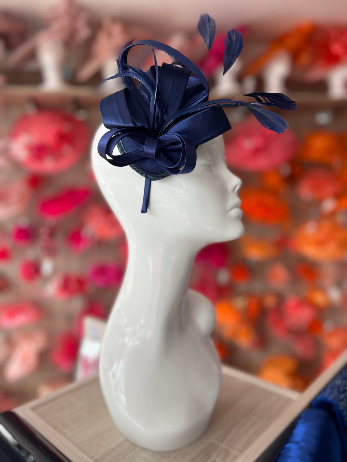 Navy Fascinator Headband With Looped Satin &amp; Feathers