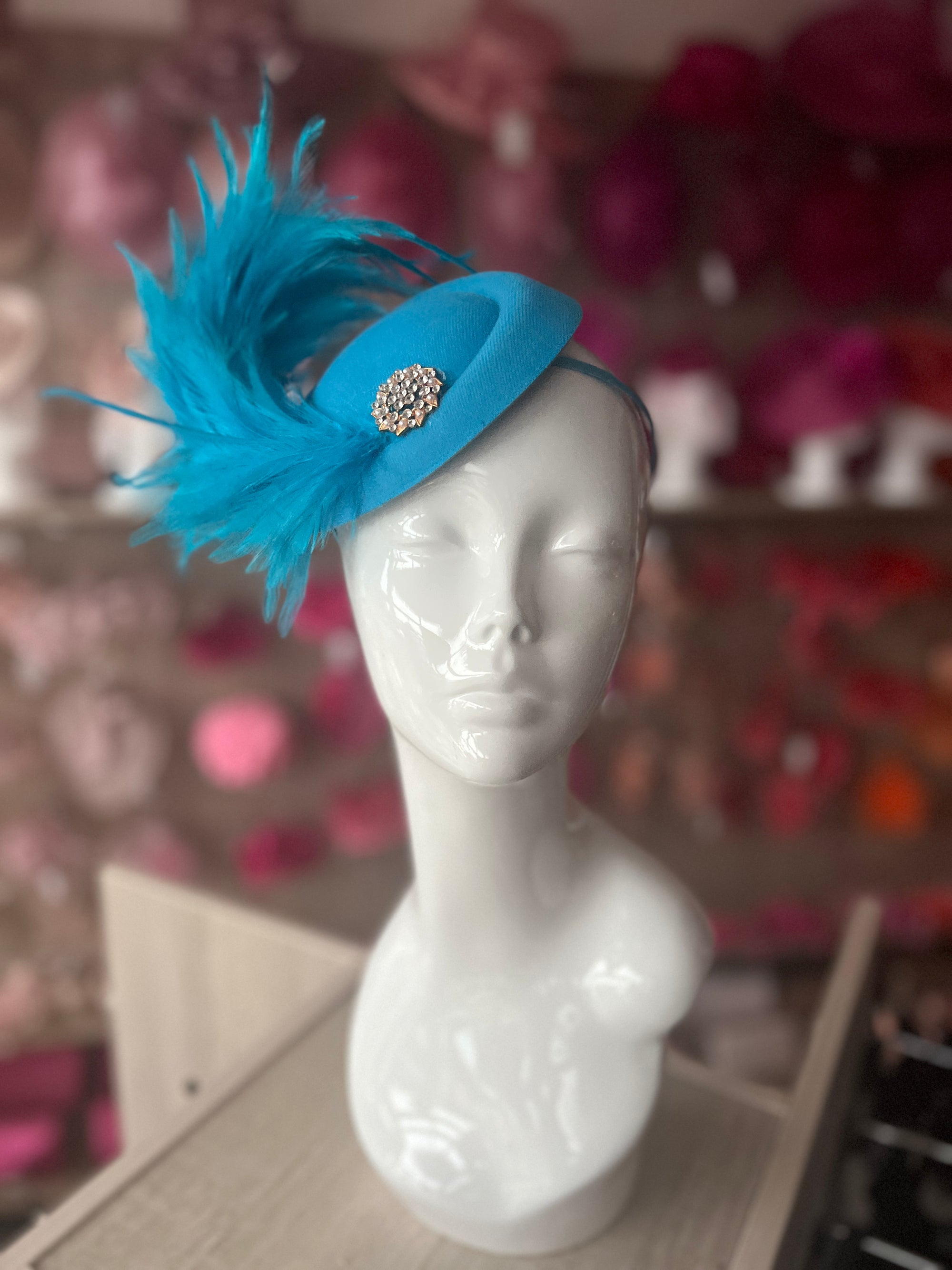 Blue Pill Box Fascinator With Large Cured Feathers & Diamante Embellshment