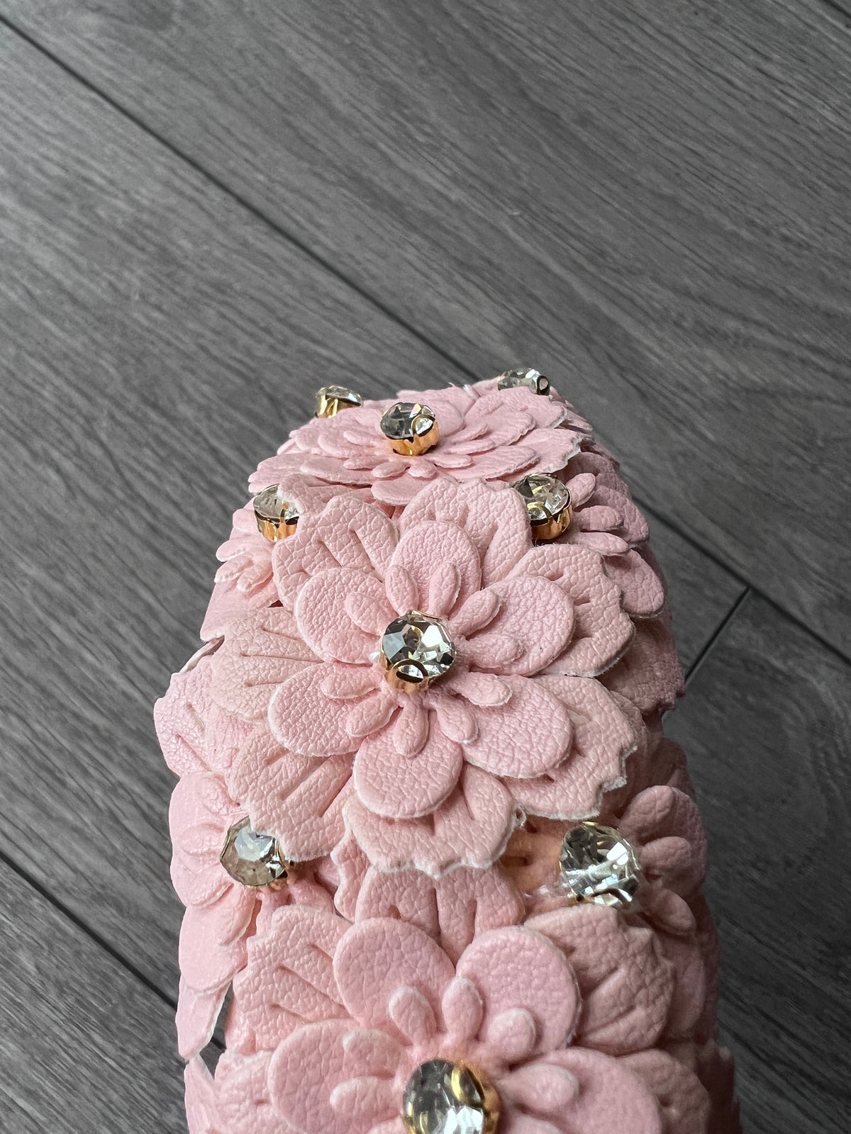 Blush Pink Headband With Faux Leather Lazer Cut Flowers &amp; Crystals