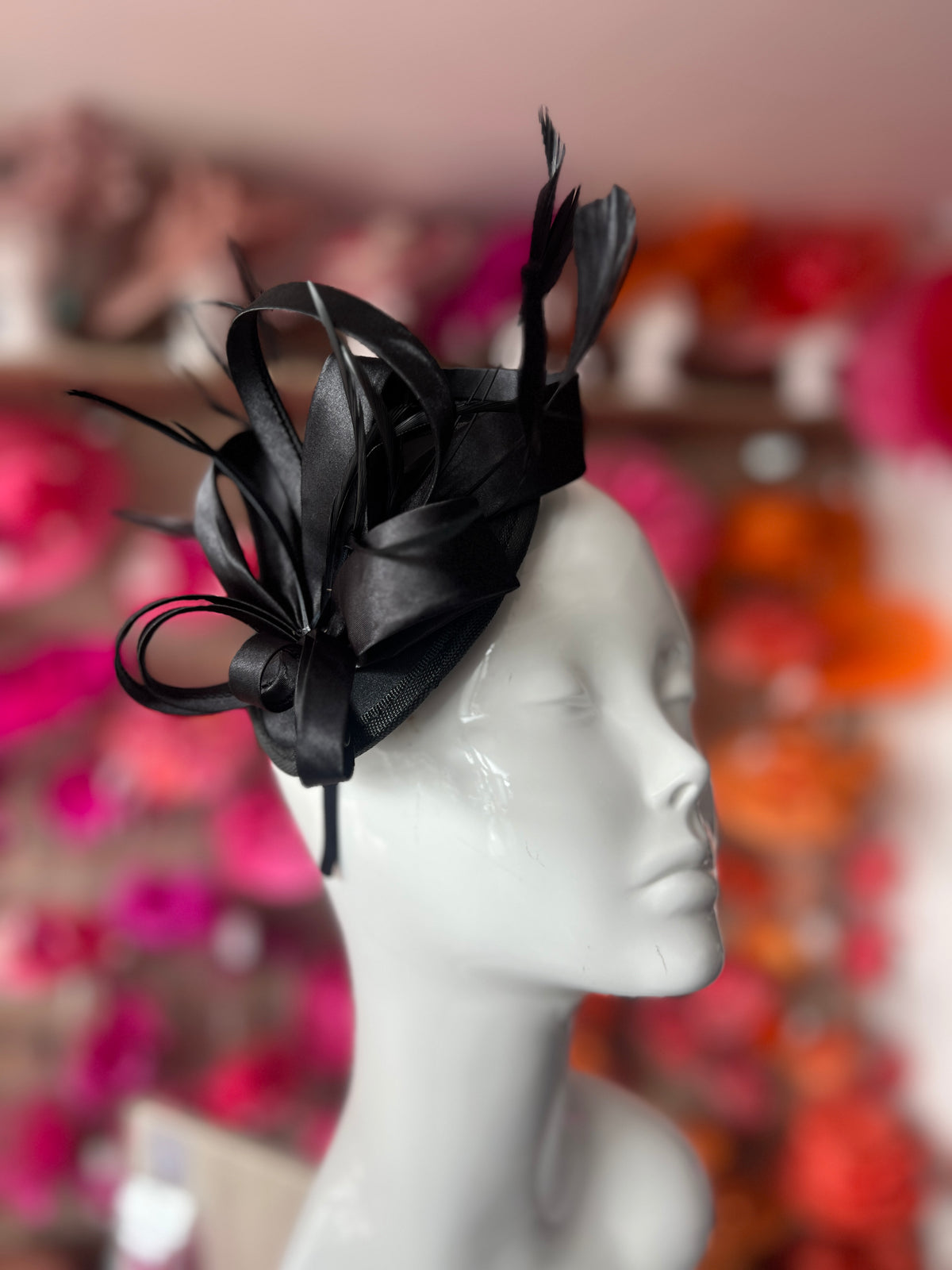 Black Fascinator Headband With Looped Satin &amp; Feathers