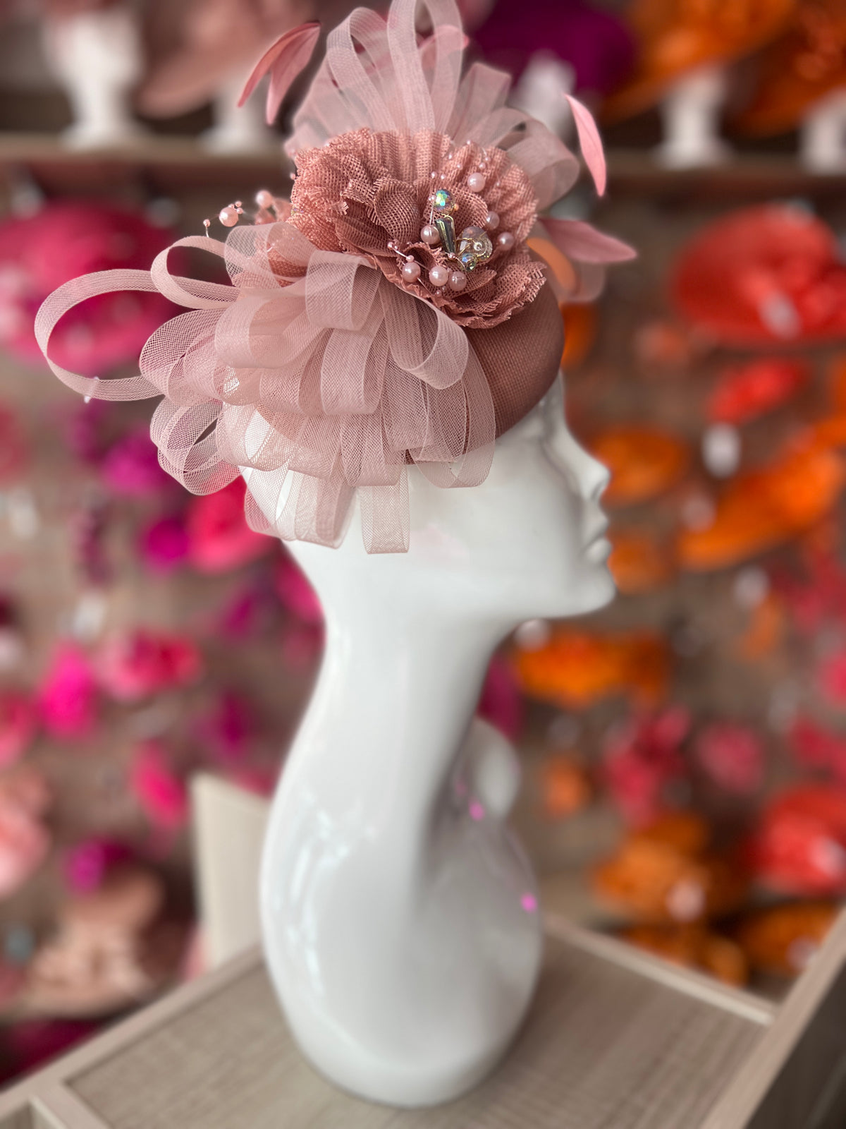 Pillbox Hat With Loops and  Embellished Flowers-Dusty Pink