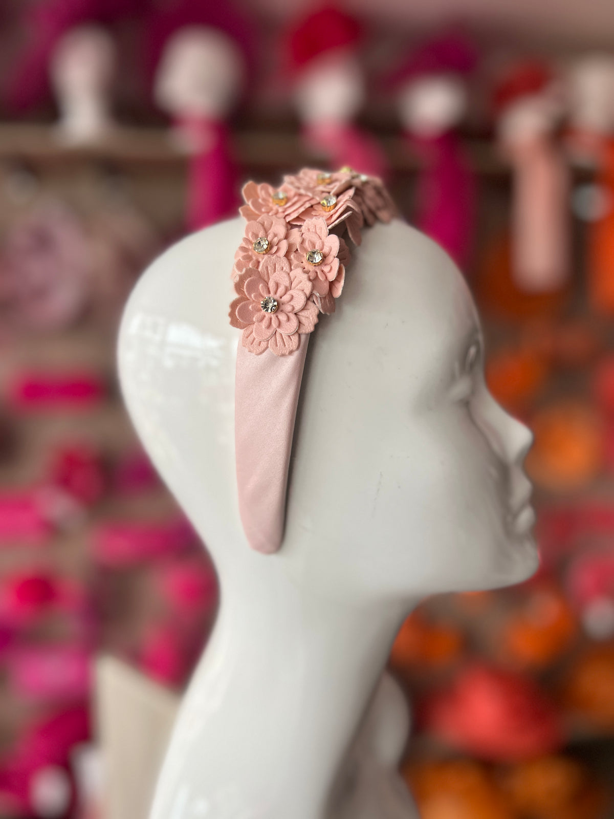 Blush Pink Headband With Faux Leather Lazer Cut Flowers &amp; Crystals