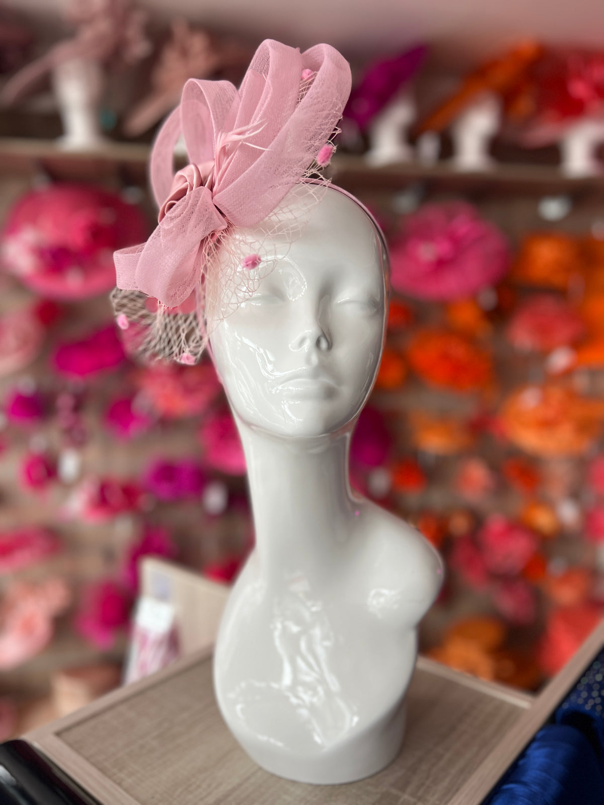 Dusky Pink Flower Fascinator With Netting &amp; Feathers