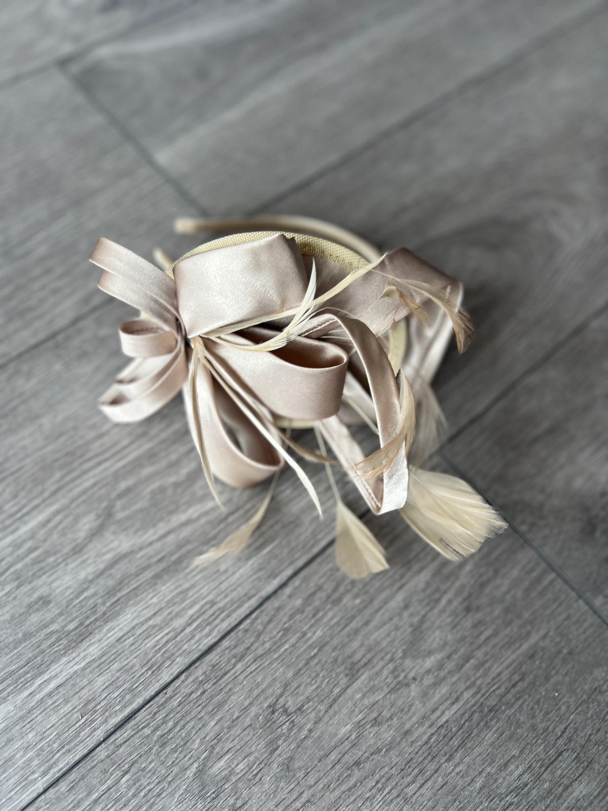 Taupe Fascinator Headband With Looped Satin &amp; Feathers