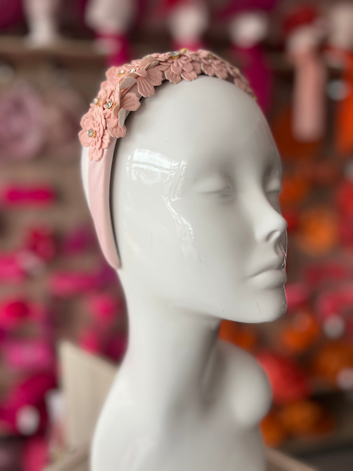 Blush Pink Headband With Faux Leather Lazer Cut Flowers &amp; Crystals