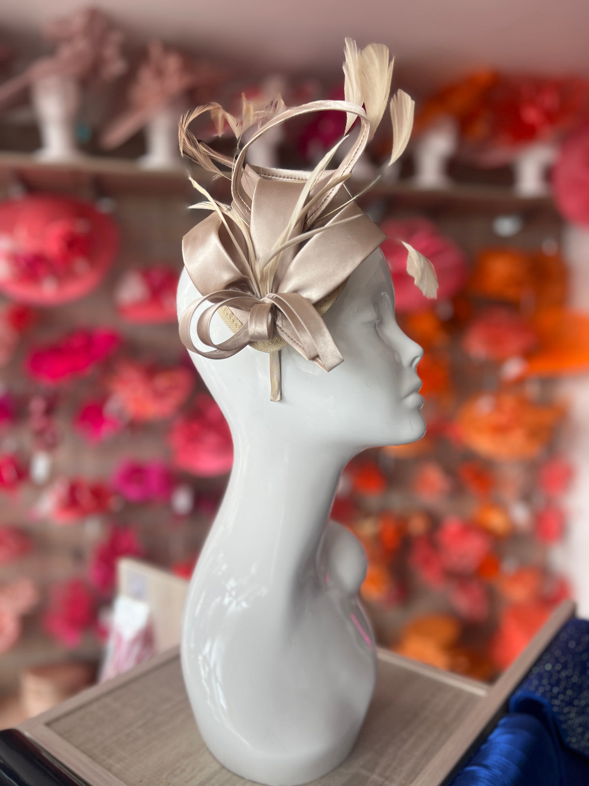Taupe Fascinator Headband With Looped Satin &amp; Feathers