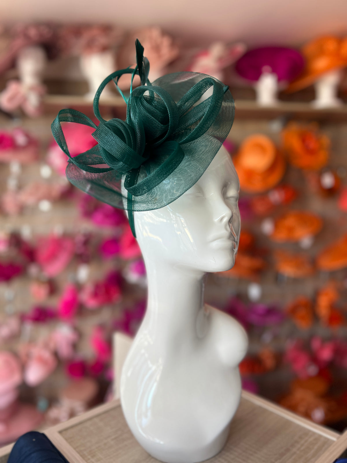 Bottle Green Crinoline Saucer Fascinator With Loops &amp; Feathers