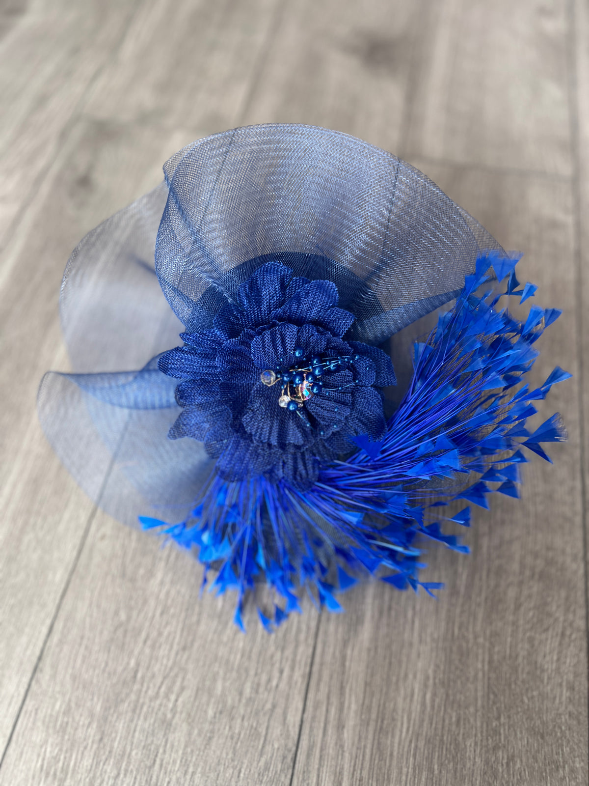 Sapphire Blue Vintage Feather Pillbox Hatinator With Beaded Detail