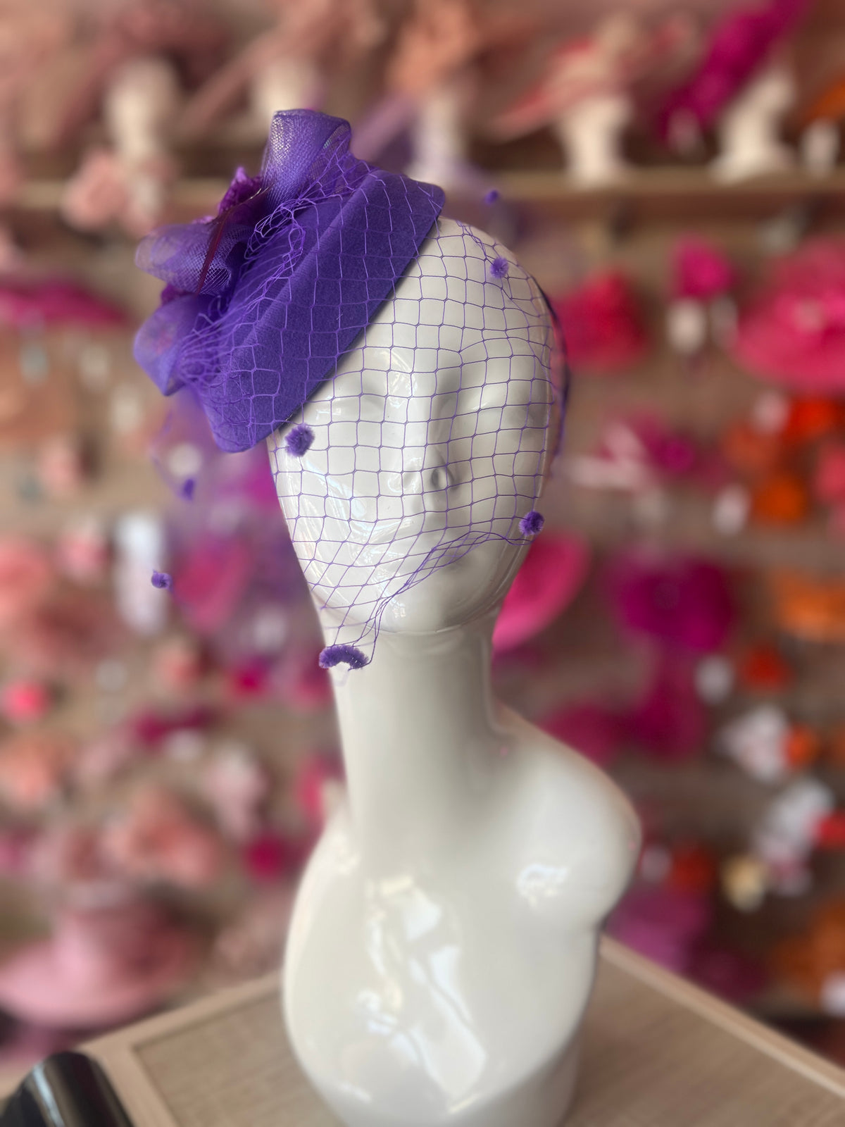 Purple PillBox Hat Fascinator With Flower &amp; Veil